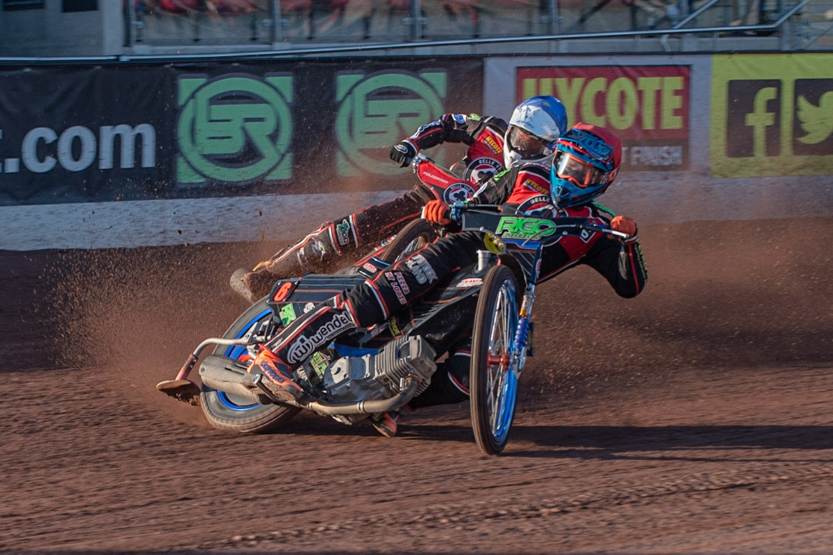 Photo: Ian Charles

​Dimitri Berge  (Red) leads team mate ​Jaimon Lidsey​  (Blue) as they go for maximum points

Belle Vue Aces v Kings Lynn Stars, British Speedway Premiership, Belle Vue National Speedway Stadium, Manchester, Thursday 16  May  2019