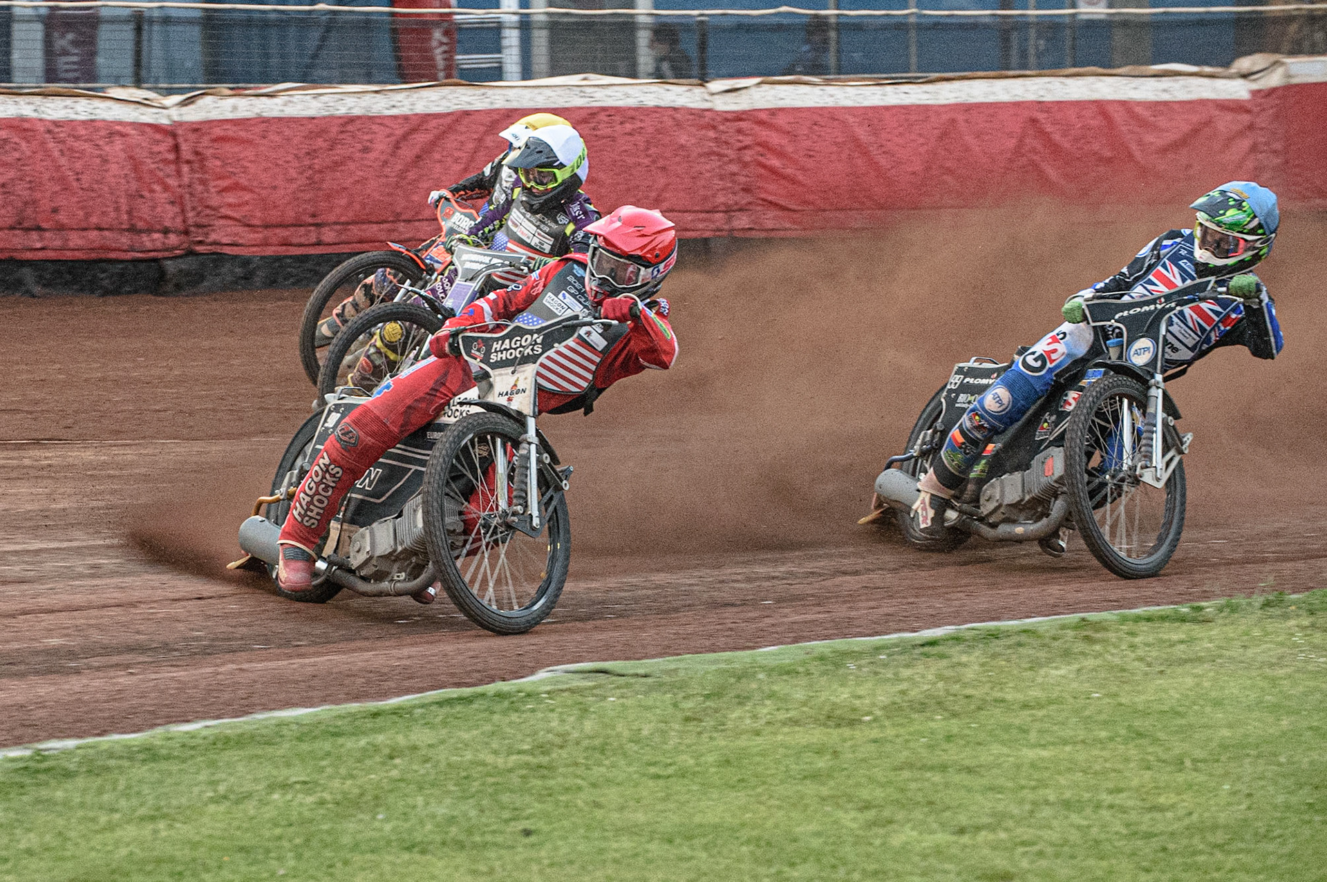 GLASGOW, UK. JUNE 19TH.  Broc Nicol (USA) (Red) leads Dan Bewley (Great Britain) (Blue) Max Ruml (USA) (White) and Luke Becker (USA) (Yellow) during the FIM Speedway Grand Prix Qualifying Round at the Peugeot Ashfield Stadium, Glasgow on Saturday 19th June 2021. (Credit: Ian Charles | MI News)