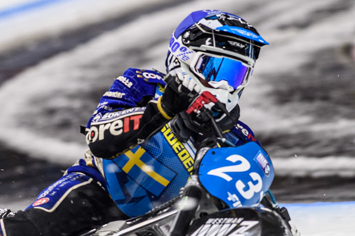 Sweden's Jimmy Hörnell Lidfalk (237) during the FIM Ice Speedway Gladiators World Championship Final 1 at the Max-Aicher-Arena, Inzell on Saturday 23 March 2024. (Photo: Ian Charles | MI News)