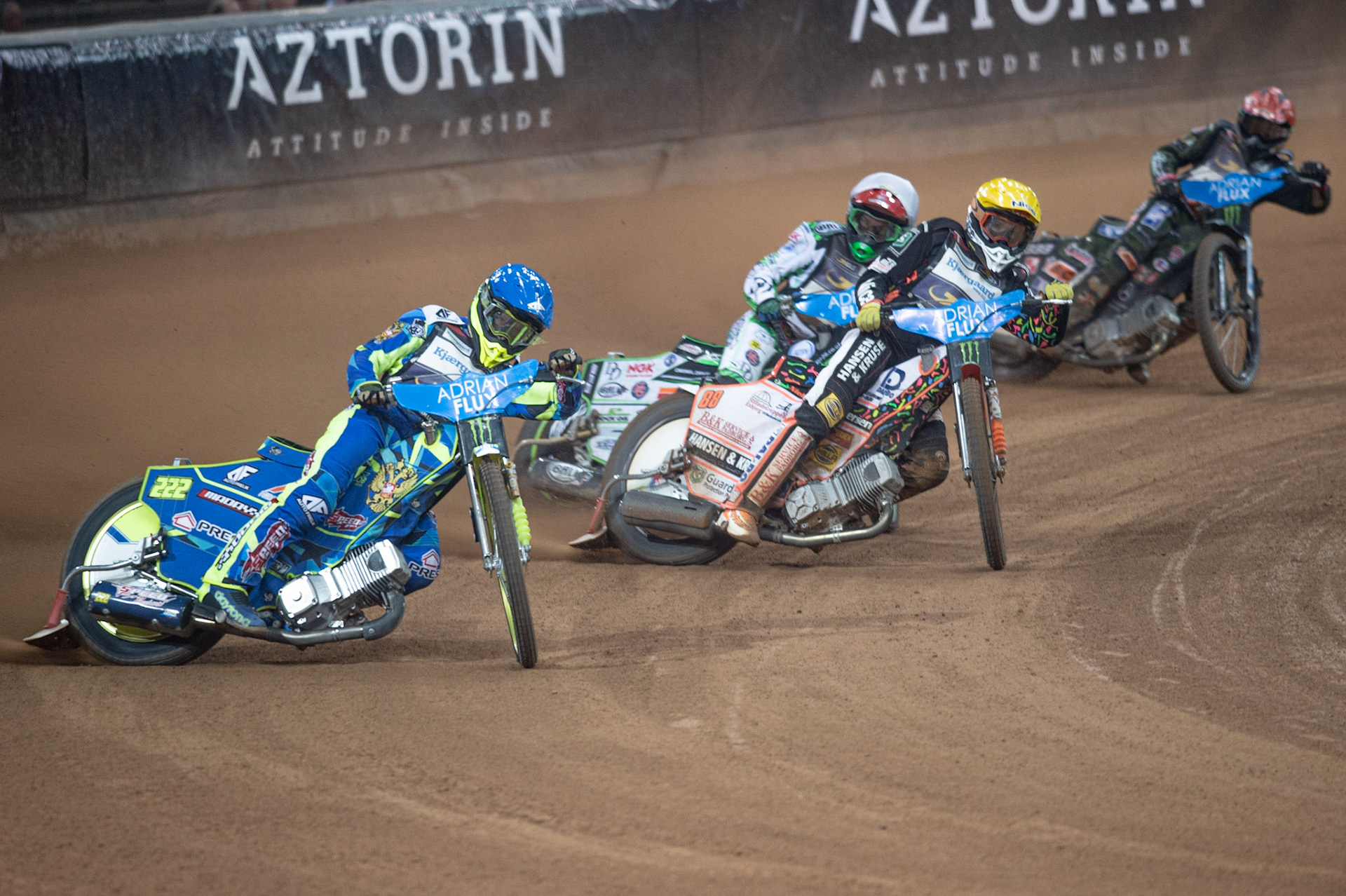 CARDIFF,WALES  Artem Laguta (Blue) leads Charles Wright (White) Niels-Kristian Iversen (Yellow) and Janus Kolodziej (Red) during the ADRIAN FLUX BRITISH FIM SPEEDWAY GRAND PRIX at the Principality Stadium, Cardiff on Saturday 21st September 2019. (Credit: Ian Charles | MI News)