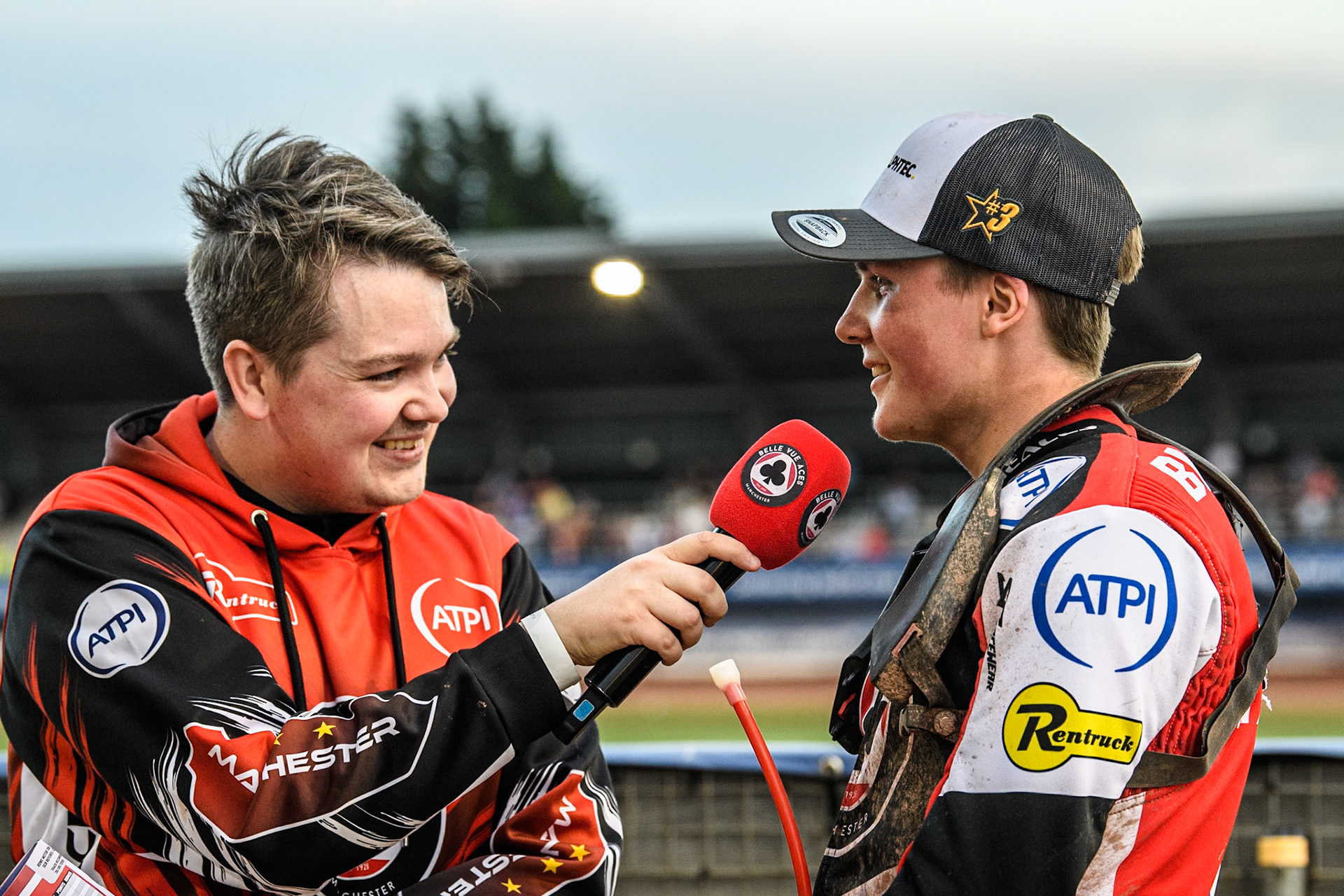 Belle Vue Aces' Norick Blodorn (Right) is interviewed by Belle Vue roving reporter Lee Wild during the Rowe Motor Oil Premiership match between Belle Vue Aces and Leicester Lions at the National Speedway Stadium, Manchester on Monday 24th June 2024. (Photo: Ian Charles | MI News)