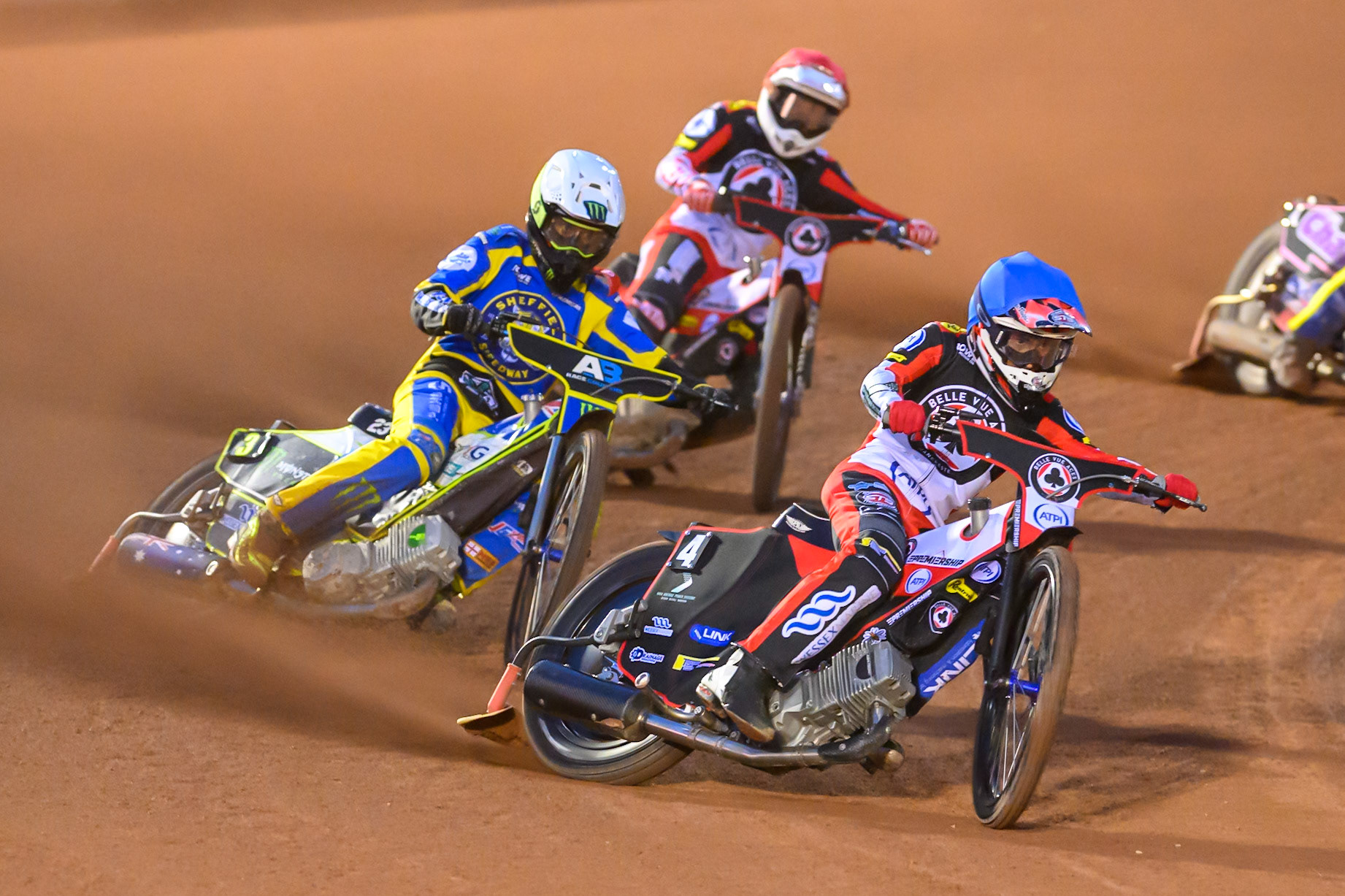 Zach Cook of Belle Vue Aces in Blue leading Chris Holder of Sheffield Tigers in White  and Peter Kildemand of Belle Vue Aces in Red during the Rowe Motor Oil Premiership match between Belle Vue Aces and Sheffield Tigers at the National Speedway Stadium, Manchester on Monday 14th September 2026. (Photo: Ian Charles | MI News)