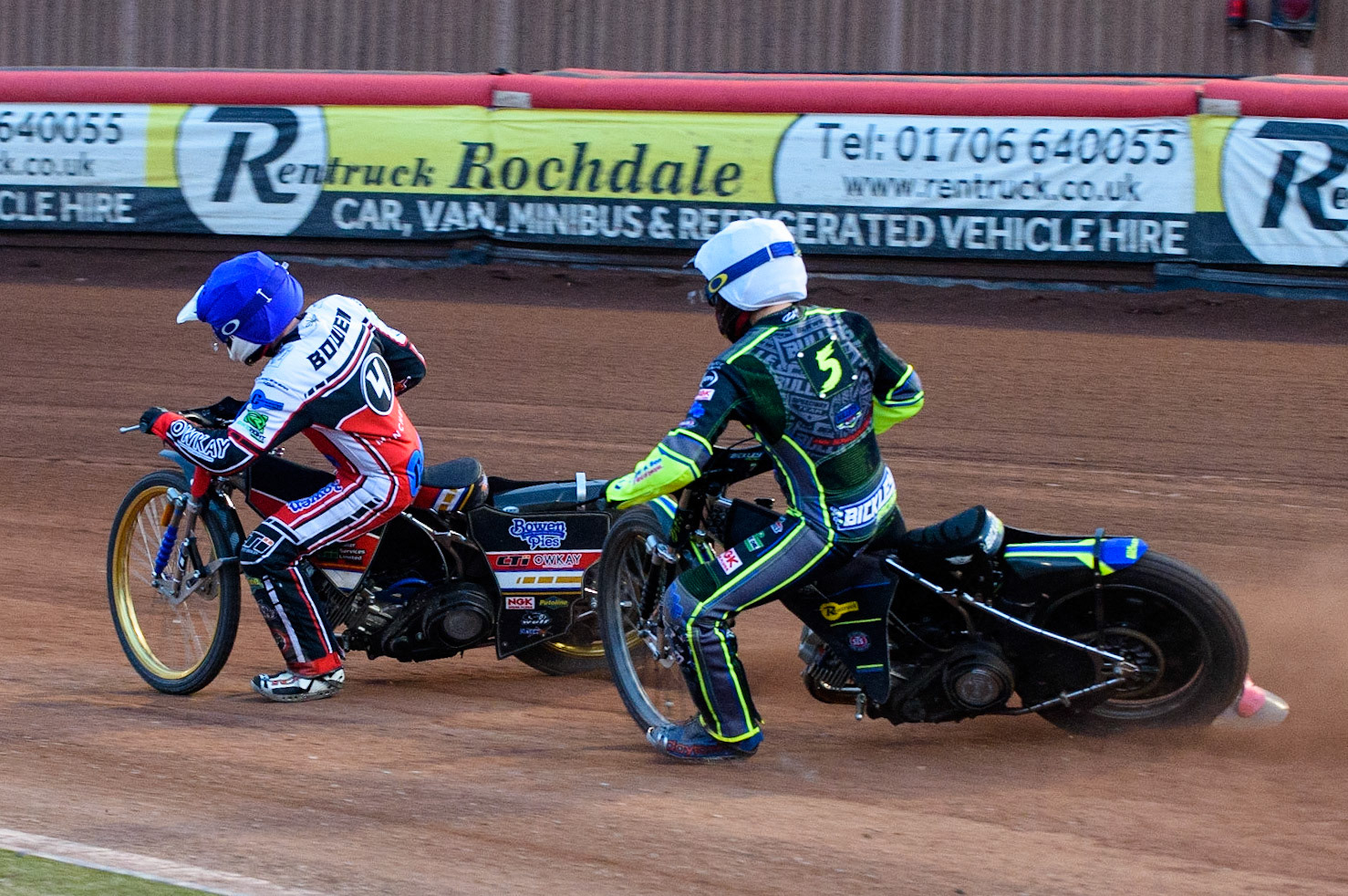 MANCHESTER, UK. MAY 28TH  Paul Bowen  (Blue) leads Kyle Bickley   (White) during the SGB National Development League match between Belle Vue Colts and Berwick Bullets at the National Speedway Stadium, Manchester on Friday 28th May 2021. (Credit: Ian Charles | MI News)