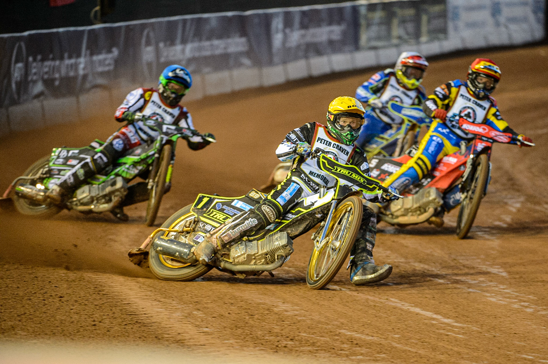 Jason Doyle (Yellow)  leads Charles Wright  (Blue), Tobiasz Musielak  (Red) and Chris Harris  (White) during the Peter Craven Memorial Trophy  at the National Speedway Stadium, Manchester on Monday 3rd April 2023. (Photo: Ian Charles | MI News)