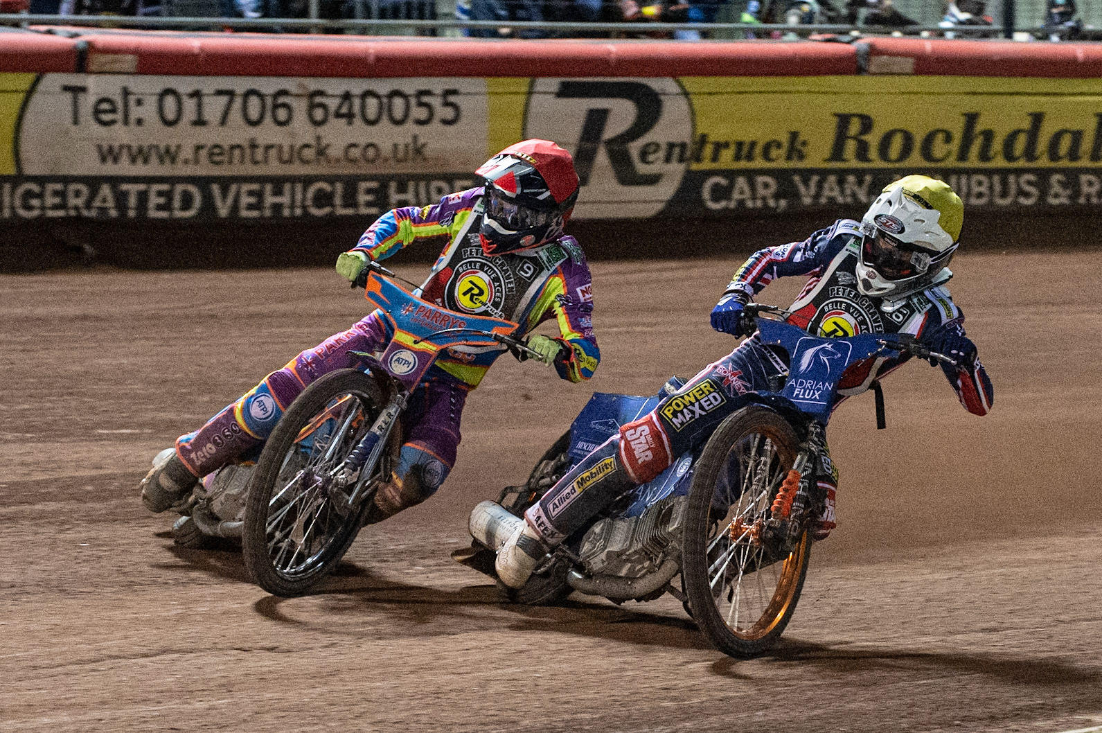 Photo: Ian CharlesRory Schlein (Red) outside Lewis Kerr (Yellow)Peter Craven Memorial Trophy, National Speedway Stadium, Manchester Thursday  22  October  2020