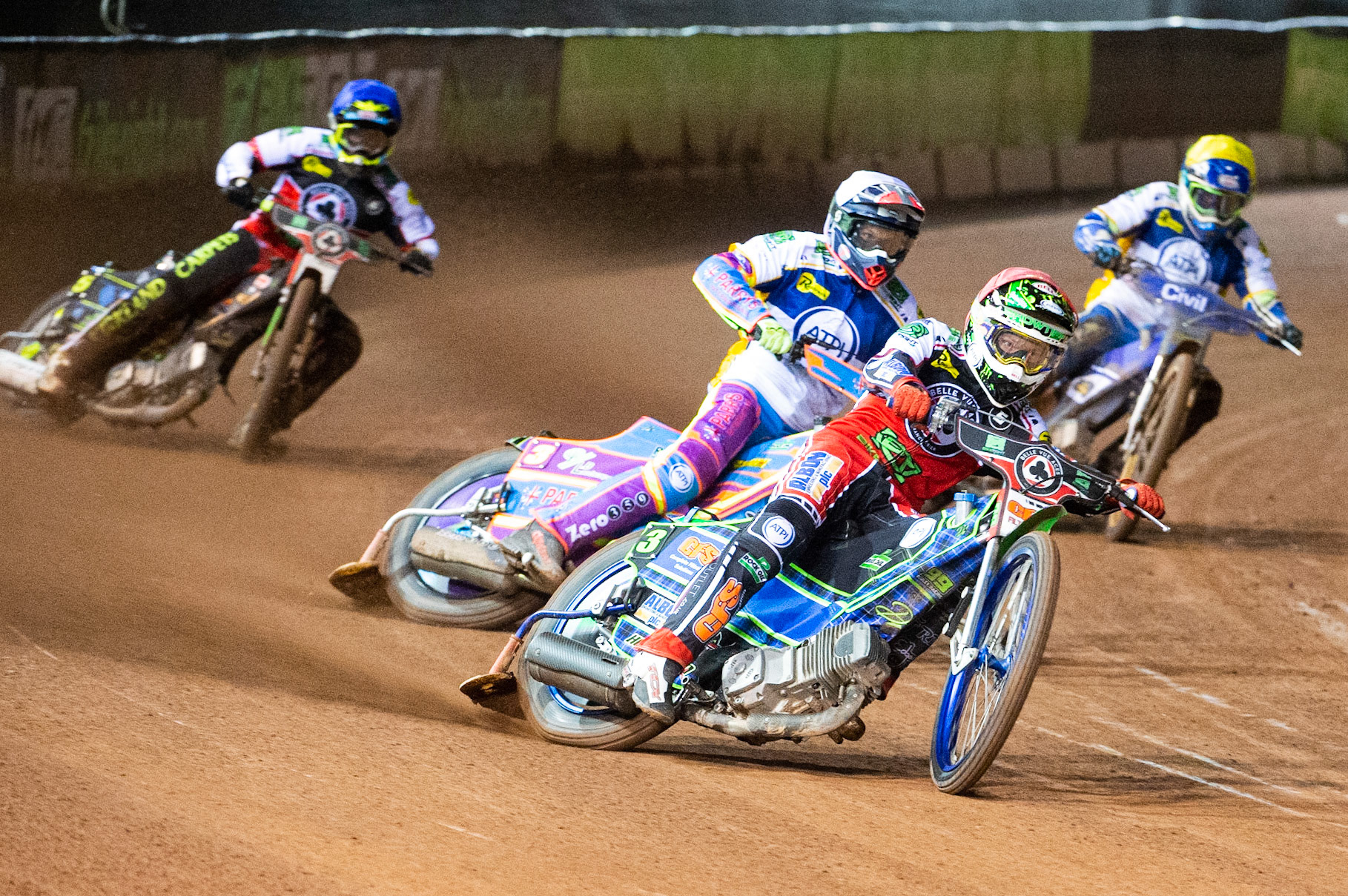 Photo: Ian CharlesDan Bewley of Belle Vue 'BikeRight' Aces  (Red) leads Rory Schlein of the 'ATPI' All Stars (White) with Kyle Bickley of Belle Vue 'BikeRight' Aces (Blue) and Richie Worrall of the 'ATPI' All Stars (Yellow)Belle Vue ‘Bikerite ’Aces v ‘ATPI’ All Stars, Premiership Challenge, National Speedway Stadium, Manchester Thursday  24  September  2020