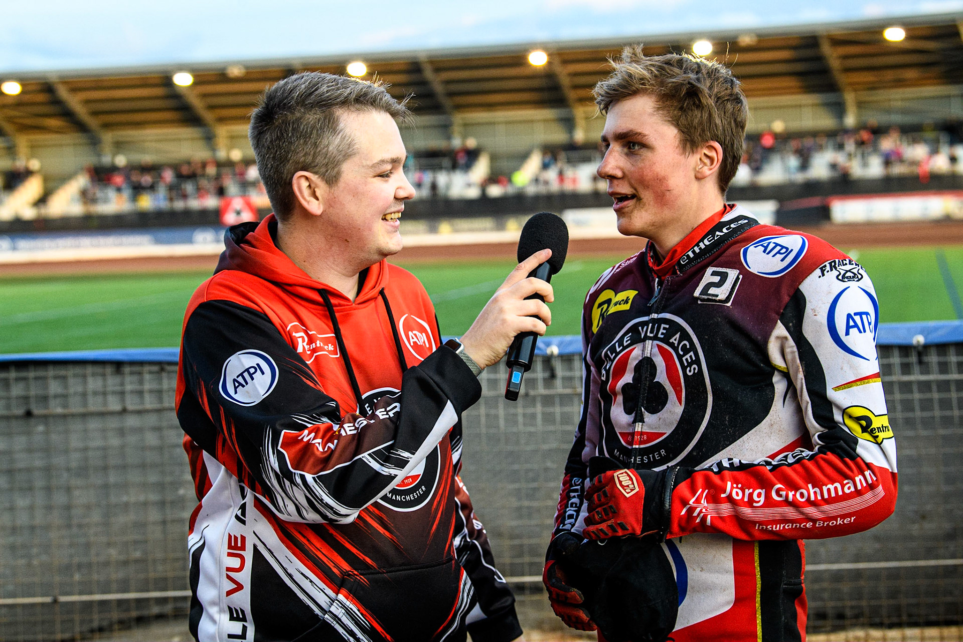 Belle Vue meeting presenter Lee Wild (left) interviews Norick Blodorn during the Sports Insure Premiership match between Belle Vue Aces and Ipswich Witches at the National Speedway Stadium, Manchester on Monday 17th July 2023. (Photo: Ian Charles | MI News)