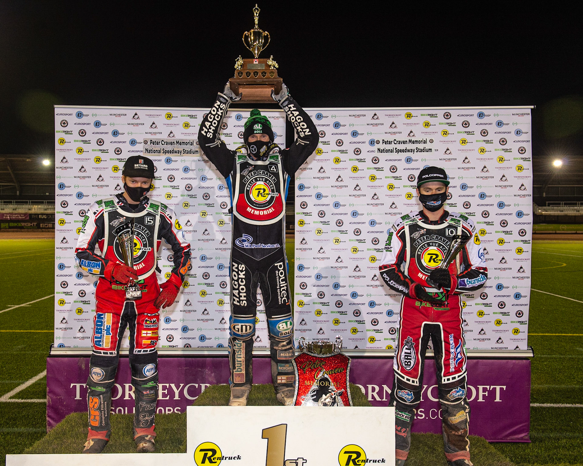 Photo: Ian CharlesThe Top 3: (l-r) Dan Bewley (2nd) Jason Doyle (Winner) Brady Kurtz (3rd)Peter Craven Memorial Trophy, National Speedway Stadium, Manchester Thursday  22  October  2020