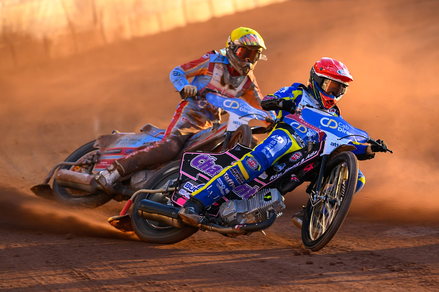 Leon Flint (14) in Red leading Drew Kemp (6) in Yellow during the Cab Direct British Speedway Championship Final at the National Speedway Stadium, Manchester on Saturday 15th August 2026. (Photo: Ian Charles | MI News)