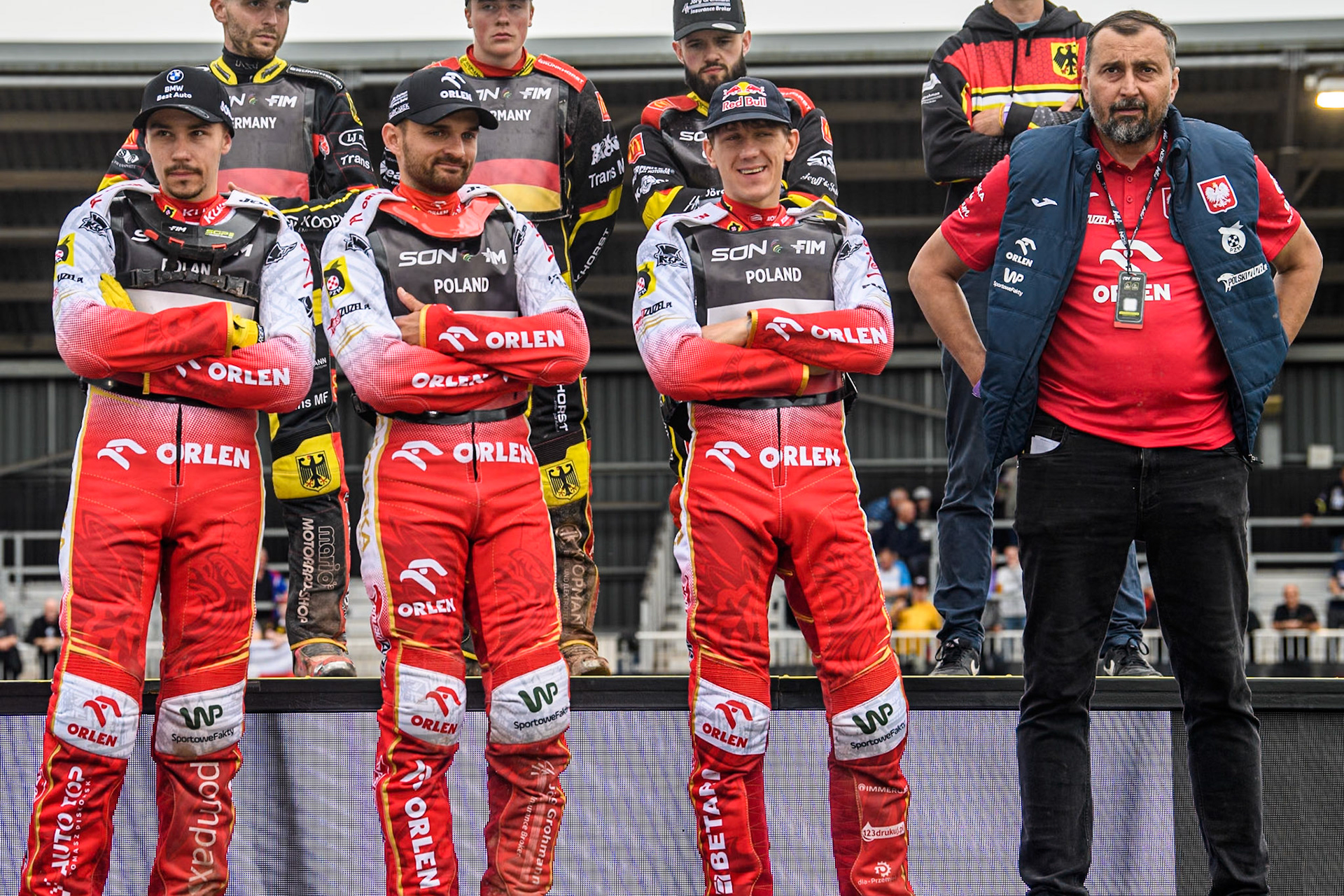 Poland: (L to R) Dominik Kubera, Bartosz Zmarzlik, Maciej Janowski and Team manager, Rafal Dobrucki  during the Monster Energy FIM Speedway of Nations Semi-Final 1 at the National Speedway Stadium, Manchester on Tuesday 9th July 2024. (Photo: Ian Charles | MI News)