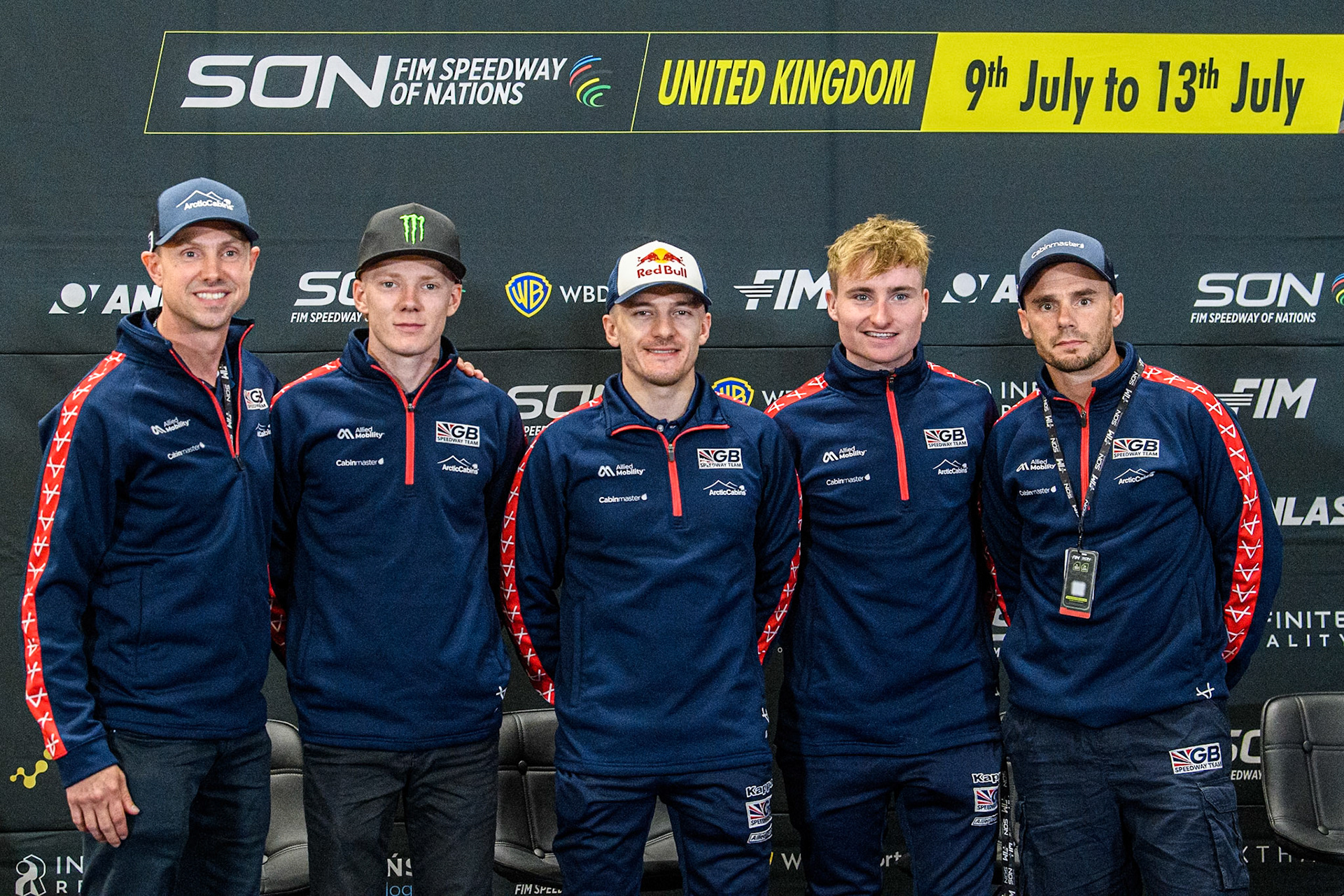 The Great Britain team Press Conference in the Media Centre: (L to R) Simon Stead (Joint Team Manager), Dan Bewley, Robert Lambert (Team Captain), Tom Brennan, Ollie Allen (Joint Team Manager) during the Monster Energy FIM Speedway of Nation Semi Final 2 at the National Speedway Stadium, Manchester on Wednesday 10th July 2024. (Photo: Ian Charles | MI News)
