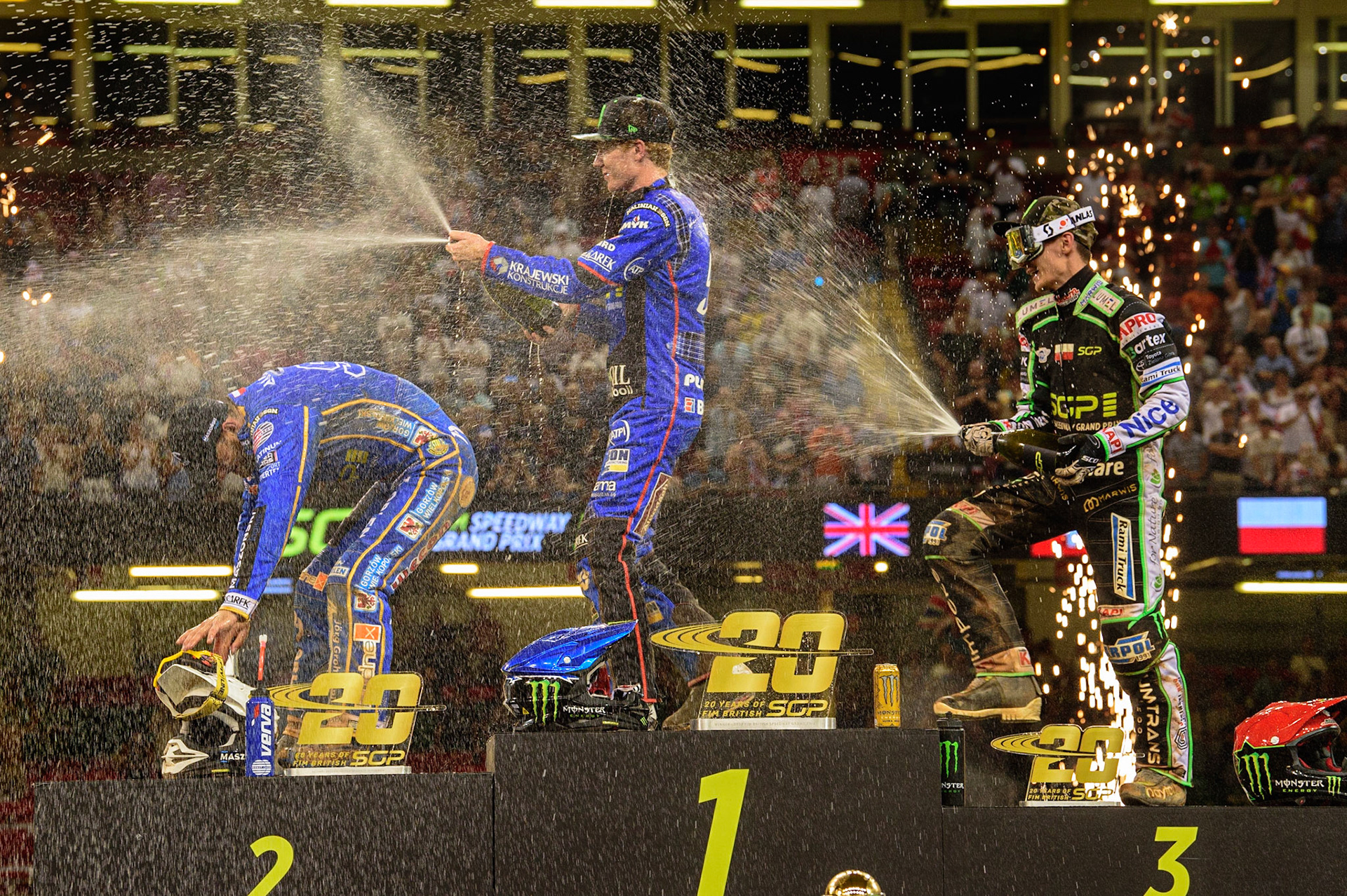 Champagne Capers on the Rostrum during the FIM  Speedway Grand Prix of Great Britain at the Principality Stadium, Cardiff on Saturday 13th August 2022. (Credit: Ian Charles | MI News