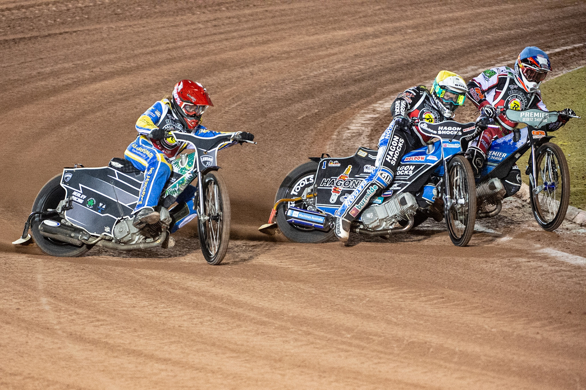 Photo: Ian CharlesRichard Lawson (Red), Jason Doyle (Yellow) and Steve Worrall (Blue) battle for the leadPeter Craven Memorial Trophy, National Speedway Stadium, Manchester Thursday  22  October  2020