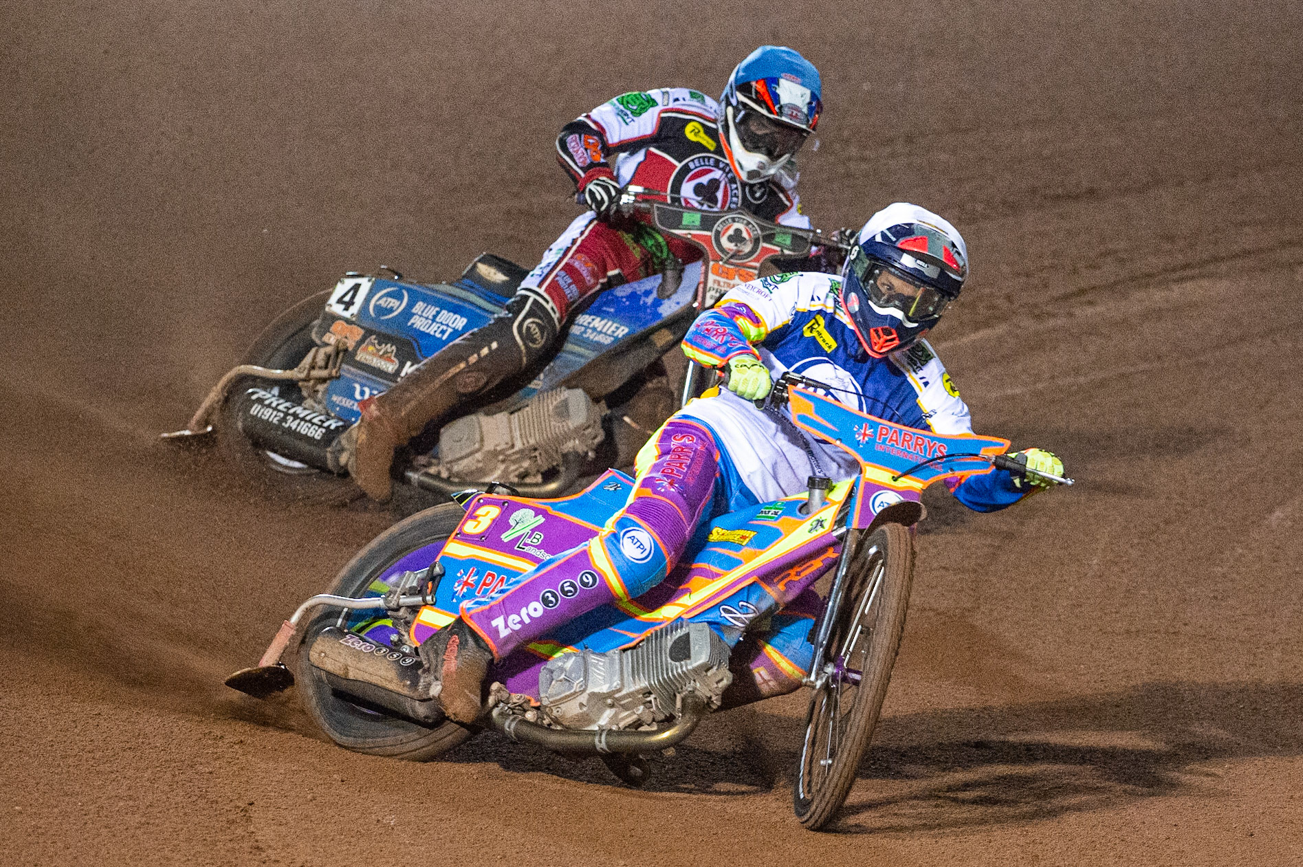 Photo: Ian CharlesRory Schlein of the 'ATPI' All Stars (White) leads Steve Worrall of Belle Vue 'BikeRight' Aces  (Blue)Belle Vue ‘Bikerite ’Aces v ‘ATPI’ All Stars, Premiership Challenge, National Speedway Stadium, Manchester Thursday  24  September  2020