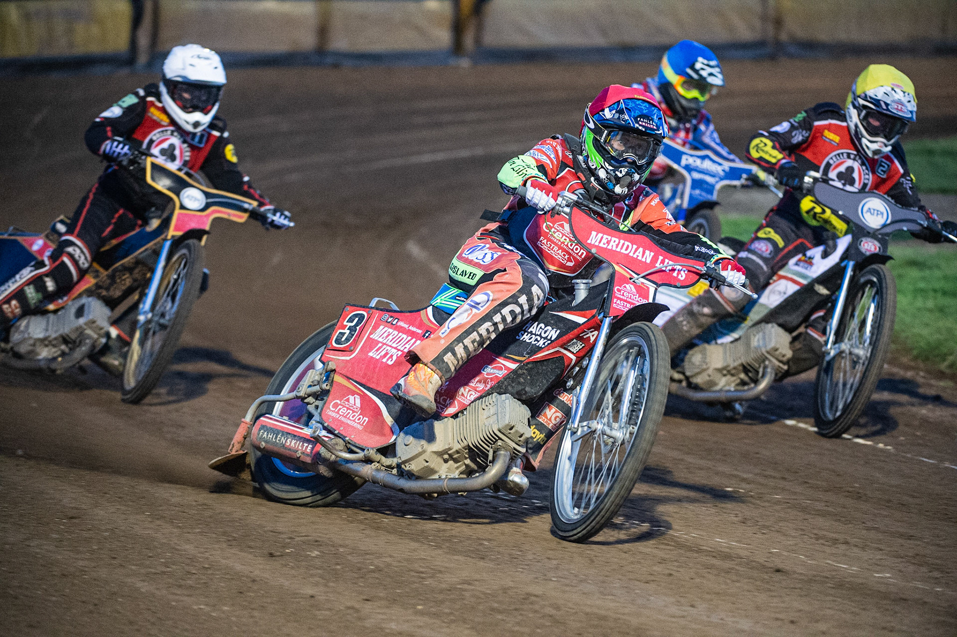Photo by Ian Charles:

Hans Andersen  (Red) leads Steve Worrall  (Yellow) Max Fricke  (White) and Michael Palm Toft  (Yellow)

Peterborough Panthers v Belle Vue Aces, British Speedway Premiership, Thursday, 5, September, 2019