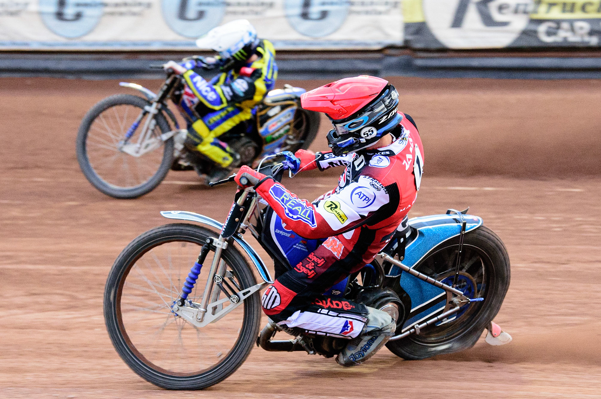 MANCHESTER, UK. JUL 5TH  Matej Zagar  (Red) inside Jack Holder  (White)  during the SGB Premiership match between Belle Vue Aces and Sheffield Tigers at the National Speedway Stadium, Manchester on Tuesday 5th July 2022. (Credit: Ian Charles | MI News)