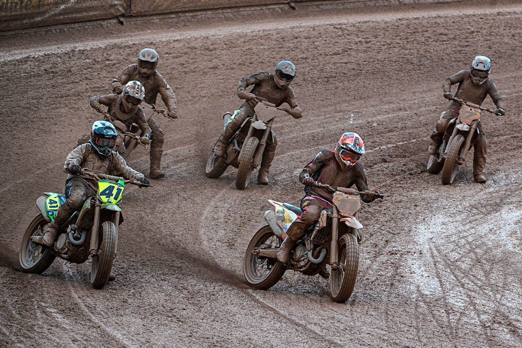Giacomo Bossetti (11) from Italy inside Sébastien Jeanpierre (41) from France as they lead the pack during the FIM World Flat Track Championship Round 1 at the National Speedway Stadium, Manchester on Saturday 5th August 2023. (Photo: Ian Charles | MI News)