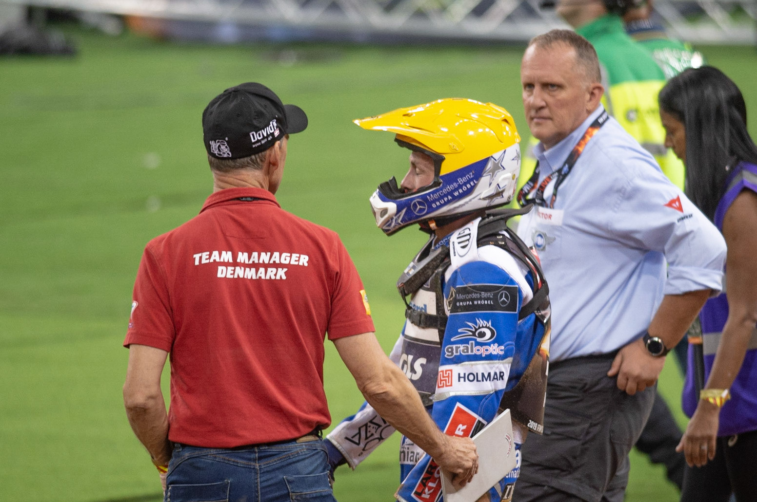 CARDIFF,WALES  Leon Madsen walks back to the pits with Danish Team Manager Hans Nielsen after his Heat 6 fall during the ADRIAN FLUX BRITISH FIM SPEEDWAY GRAND PRIX at the Principality Stadium, Cardiff on Saturday 21st September 2019. (Credit: Ian Charles | MI News)