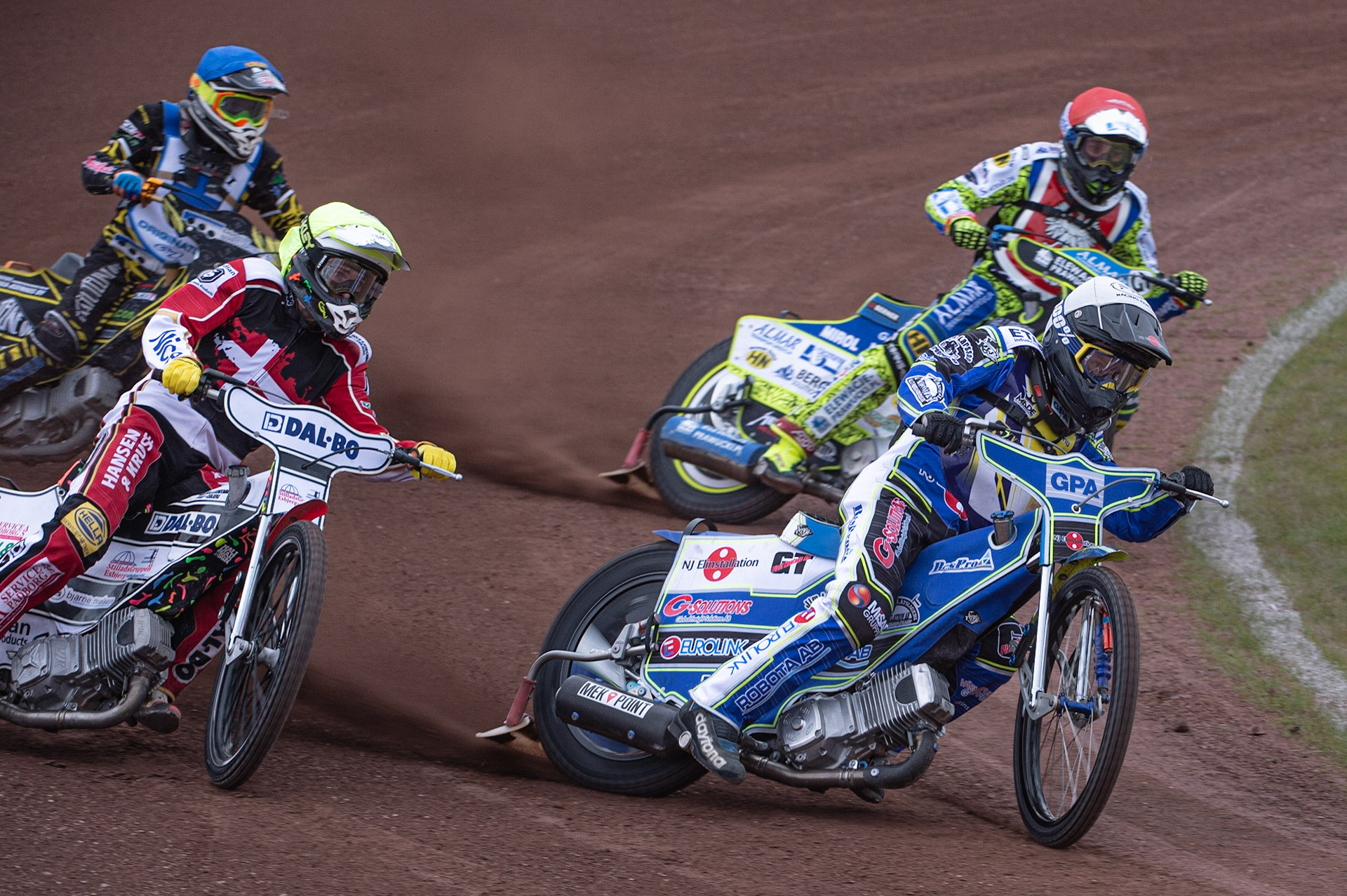 Photo by Ian Charles:

Pontus Aspgren (White) leads Niels-Kristian Iversen (Yellow) with Bartosz Smektała (Red) and Tero Aarnio (Blue) behind


FIM Speedway Grand Prix World Championship - Qualifying Round 1, Peugeot Ashfield Stadium, Glasgow, 8 June 2019