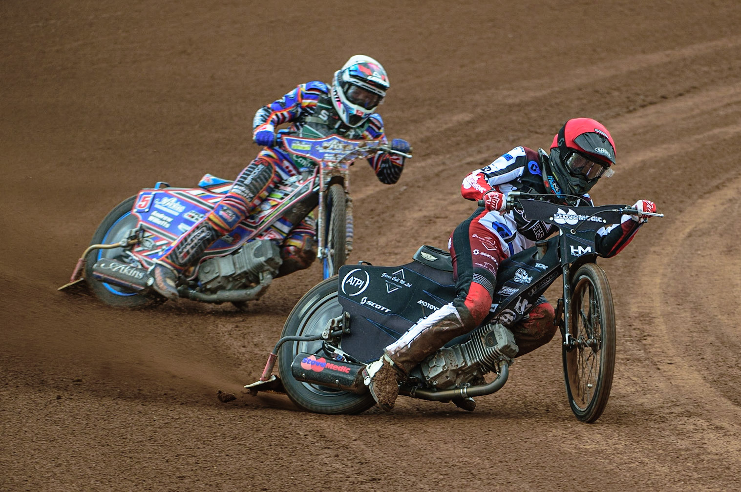 MANCHESTER, UK. APR 15TH  Harry McGurk  (Red) leads Henry Atkins  (White)  during the National Development League match between Belle Vue Colts and Plymouth Centurions at the National Speedway Stadium, Manchester on Friday 15th April 2022. (Credit: Ian Charles | MI News)