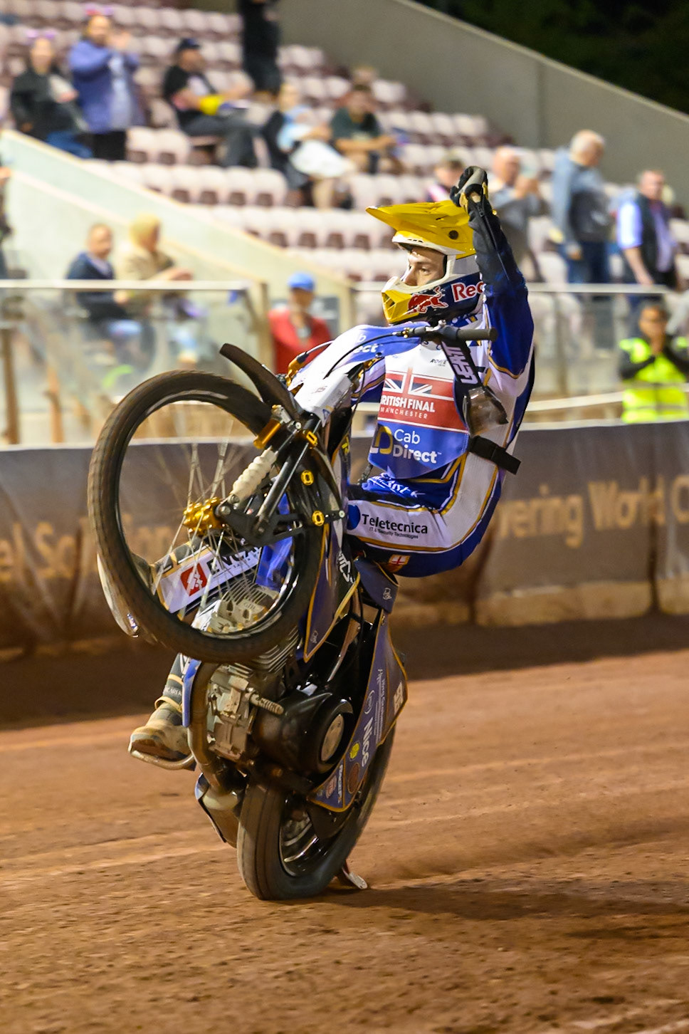 Robert Lambert (4) celebrates with a wheelie during the Cab Direct British Speedway Championship Final at the National Speedway Stadium, Manchester on Saturday 15th August 2026. (Photo: Ian Charles | MI News)