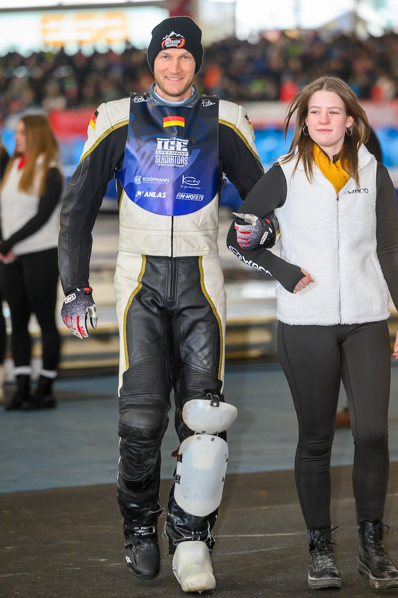 Reserve Franz Mayerbüchler of Germany is accompanied by a start girl  during the Ice Speedway Gladiators World Championship Final 2 at Max-Aicher-Arena, Inzell on Sunday 15th March 2026. (Photo: Ian Charles | MI News)