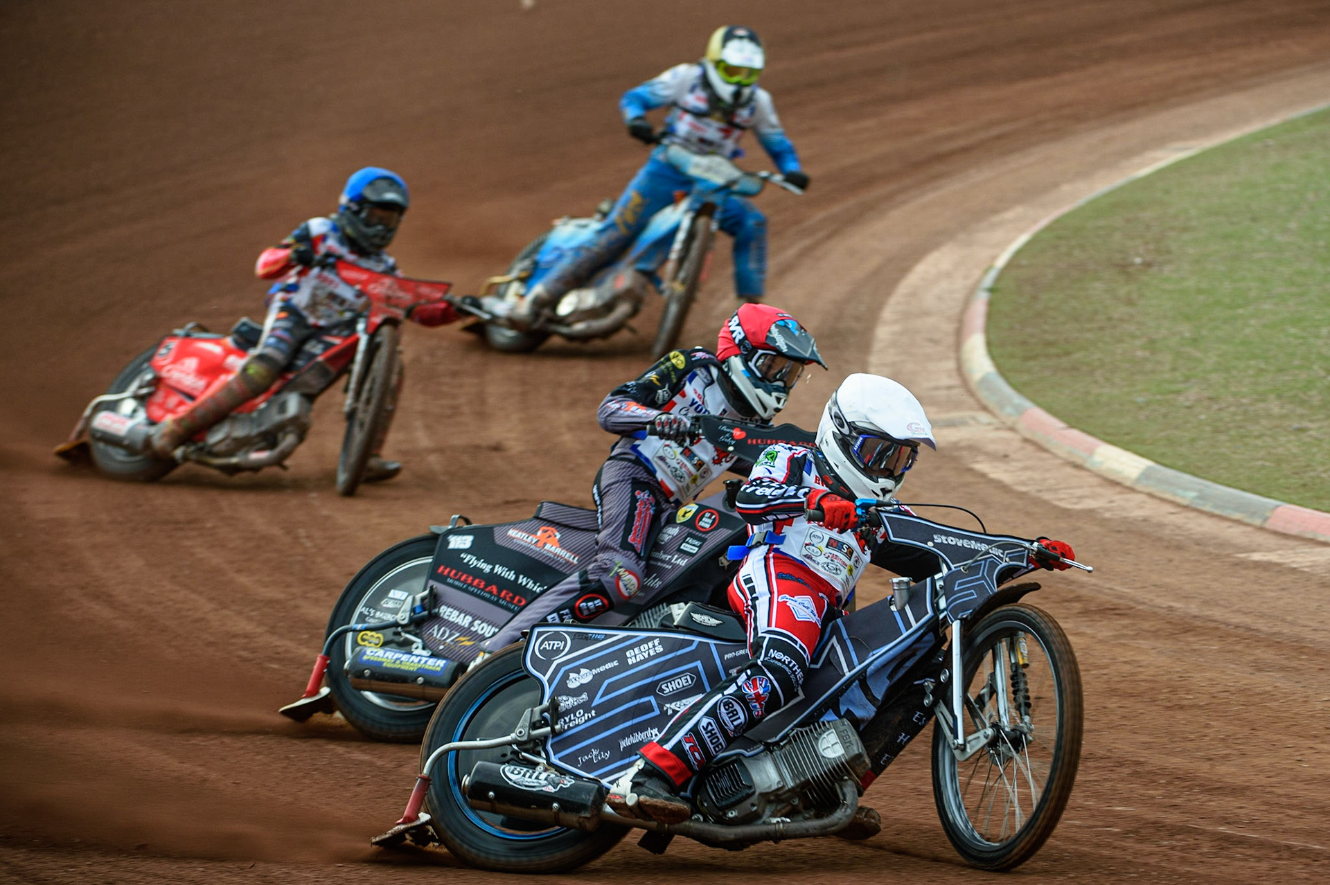 MANCHESTER, UK. MAY 28TH   Sam McGurk (White) leads Vinnie Foord (Red), Max Perry (Blue) and Callum Gill  (Yellow) during the British Junior Championship at the National Speedway Stadium, Manchester on Friday 28th May 2021. (Credit: Ian Charles | MI News)