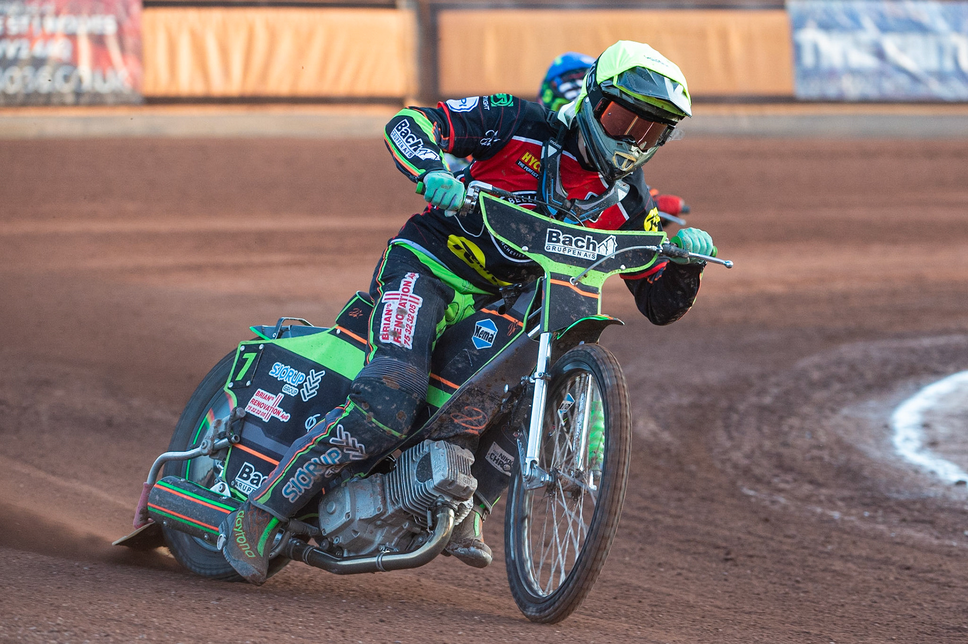 Photo by Ian Charles:

New Belle Vue signing Nikolaj Busk-Jakobsen  (Yellow) leads Wolverhampton Wolves’ Ryan Douglas (Blue)

Wolverhampton Wolves v Belle Vue Aces, British Speedway Premiership 5 August 2019