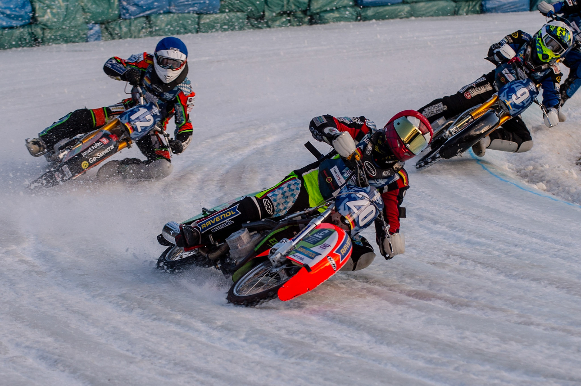 BERLIN GERMANY  - March 1  Johan Weber (Red) leads Marcus Jell (Blue) and Martin Haarahiltunen (White)  during the Ice Speedway of Nations at the Horst-Dohm-Eisstadion, Berlin,  on Sunday 1 March 2020. (Credit: Ian Charles | MI News)