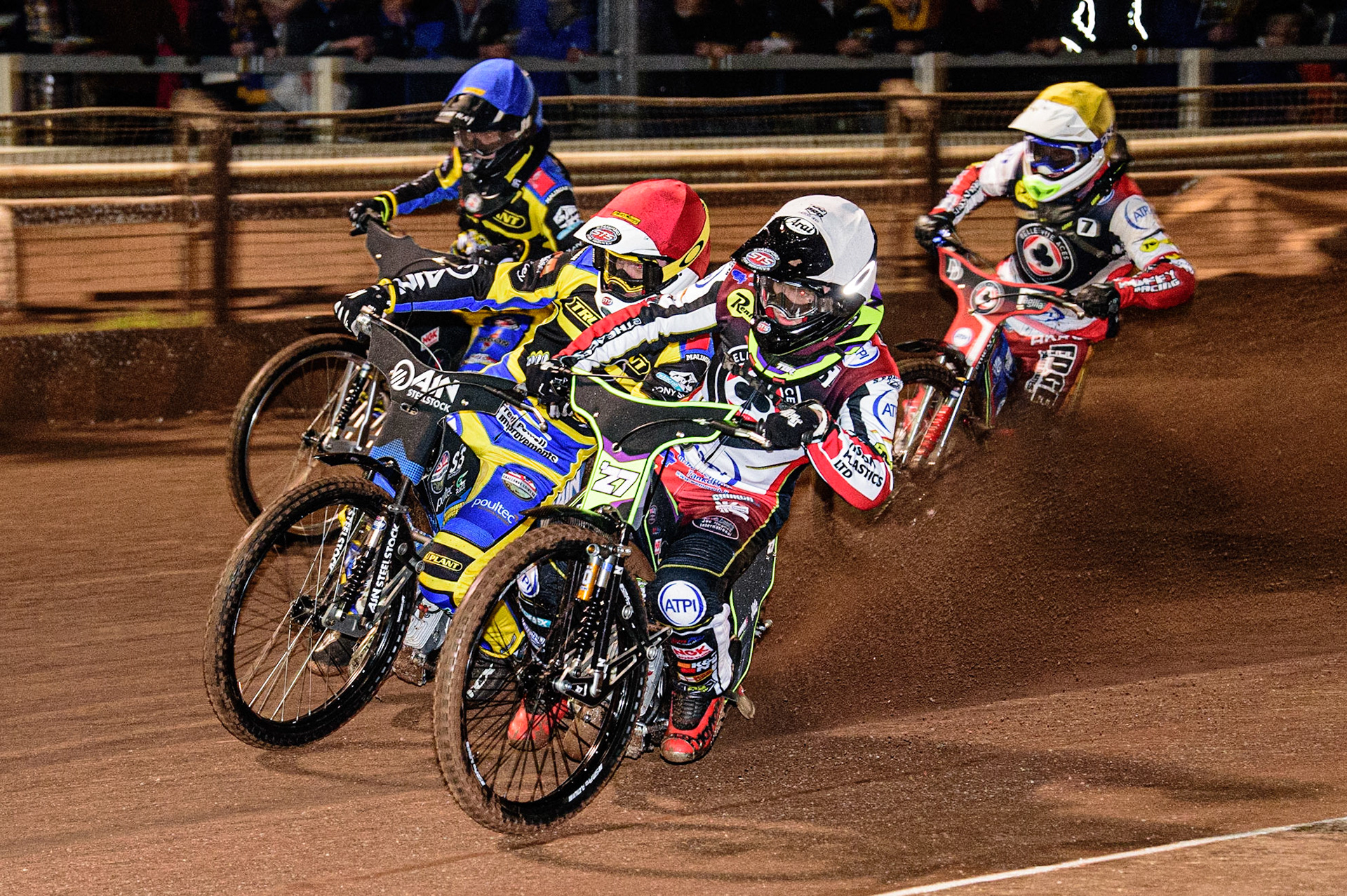 Tom Brennan  (White) inside Lewis Kerr (Red), Dan Gilkes  (Blue) with Jake Mulford  (Yellow) behind during the Sheffield Tigers vs Belle Vue Aces meeting in the SGP Premiership at Owlerton Stadium, Sheffield on Thursday 23rd March 2023. (Photo: Ian Charles | MI News)