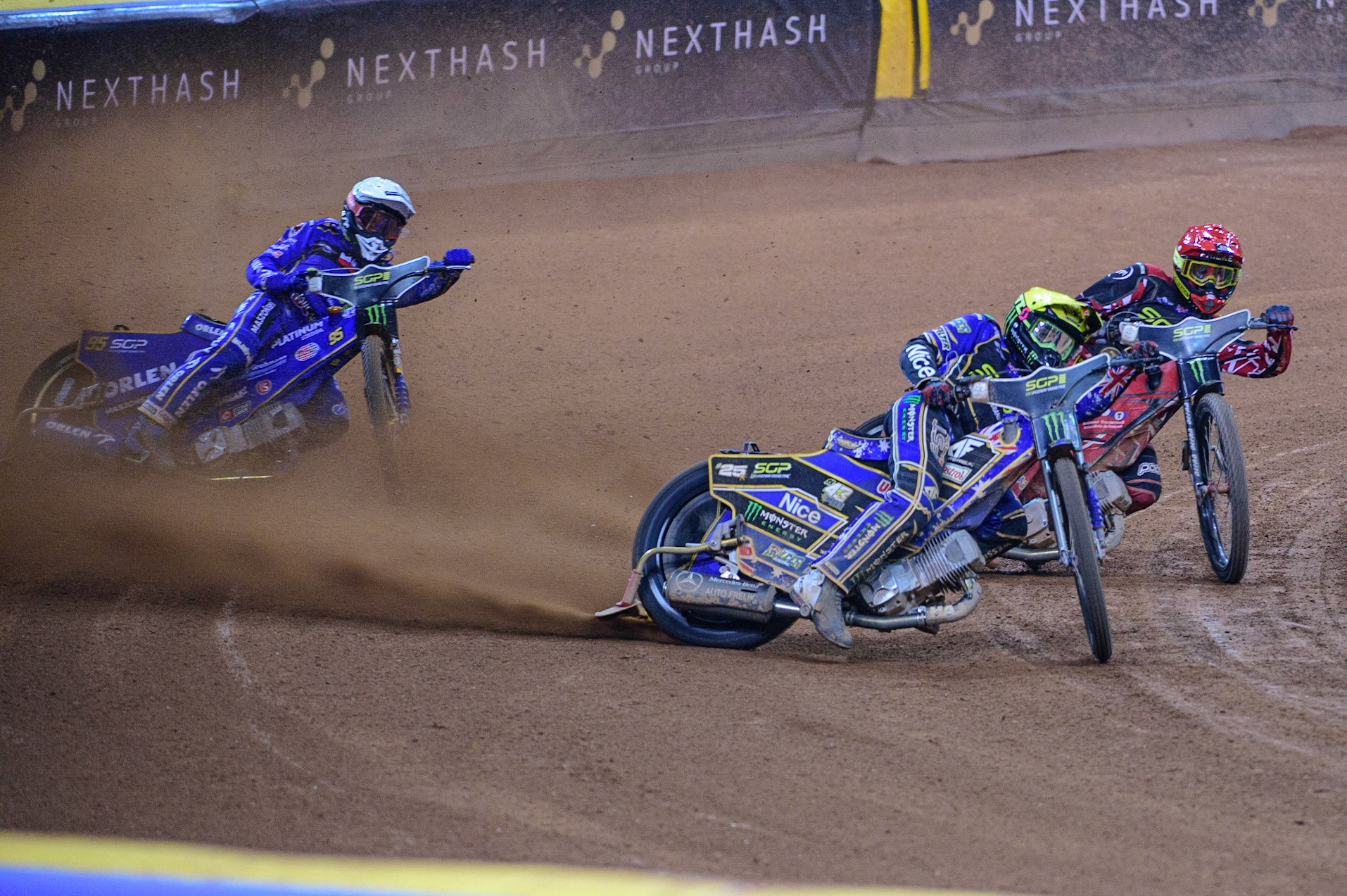Jack Holder (25) (Yellow) leads Bartosz Zmarzlik (95) (White) and Max Fricke (46) (Red) during the FIM  Speedway Grand Prix of Great Britain at the Principality Stadium, Cardiff on Saturday 13th August 2022. (Credit: Ian Charles | MI News