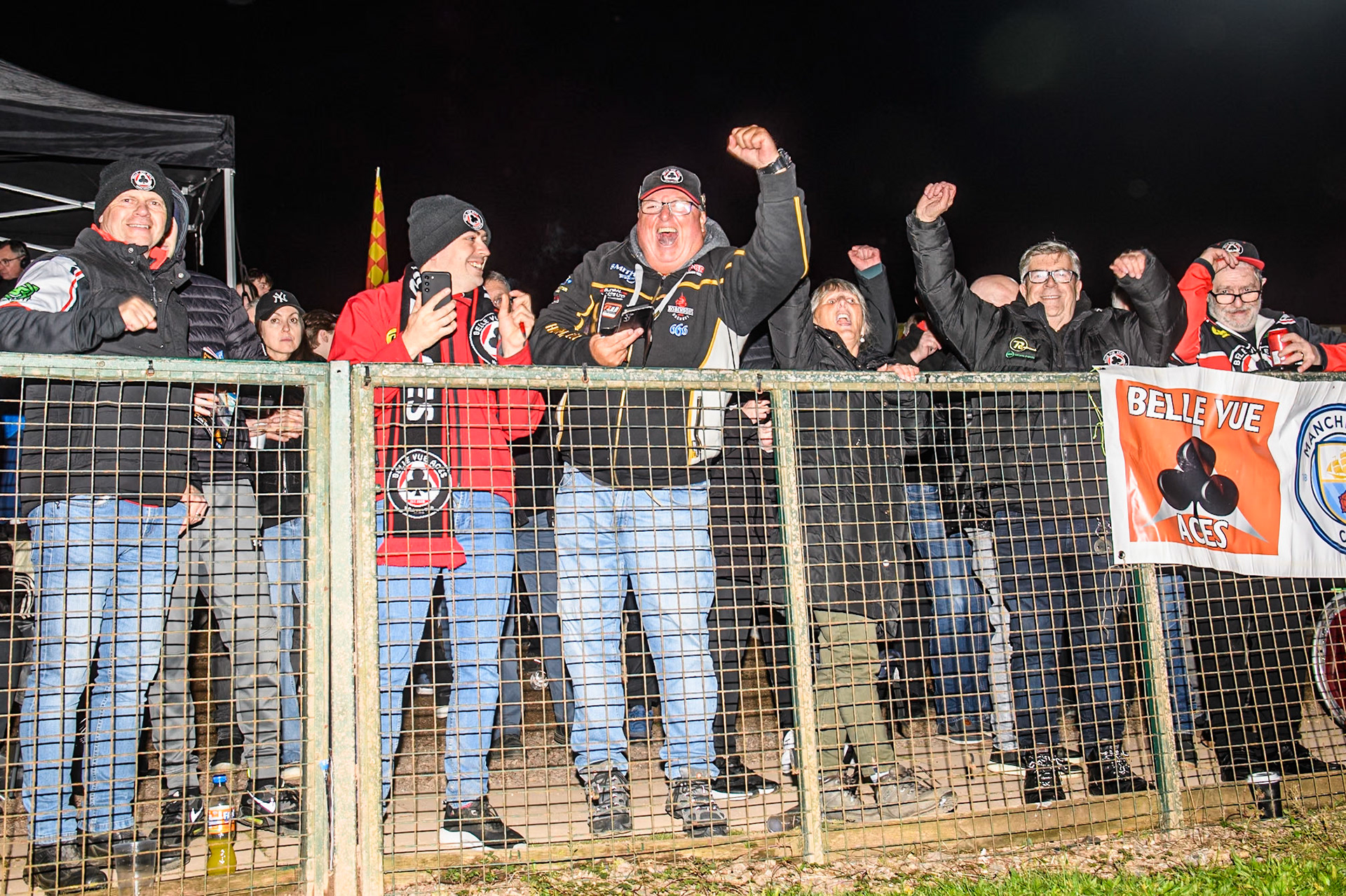 Belle Vue ATPI Aces fans celebrating during the Rowe Motor Oil Premiership Grand Final 2nd Leg between Leicester Lions and Belle Vue Aces at the Pidcock Motorcycles Arena, Leicester on Thursday 26th September 2024. (Photo: Ian Charles | MI News)