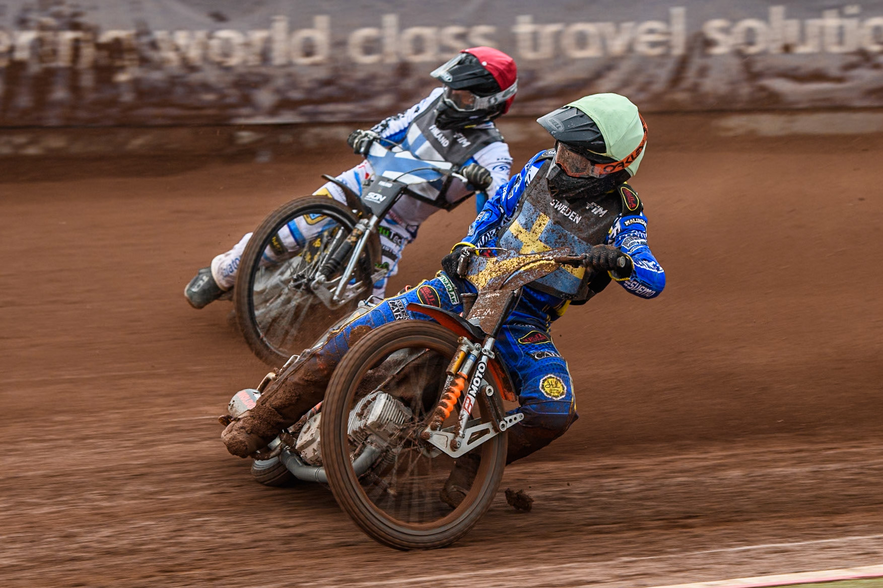 Jacob Thorssell of Sweden in Yellow rides inside Jesse Mustonen of Finland in Red during the Monster Energy FIM Speedway of Nations Semi-Final 1 at the National Speedway Stadium, Manchester on Tuesday 9th July 2024. (Photo: Ian Charles | MI News)