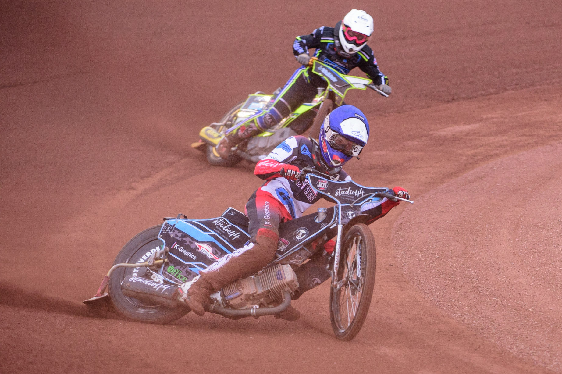 MANCHESTER, UK. JUN 24TH Freddy Hodder  (Blue) leads Kieran Douglas  (White)  during the National Development League match between Belle Vue Colts and Berwick Bullets at the National Speedway Stadium, Manchester on Friday 24th June 2022. (Credit: Ian Charles | MI News)