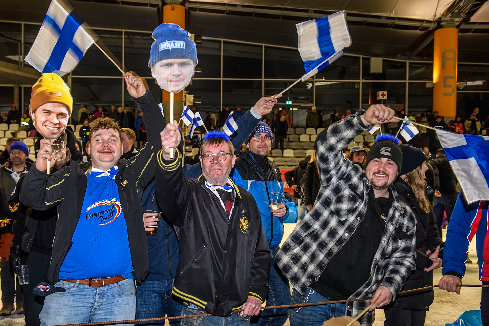 Finnish fans celebrate their riders success during the Ice Speedway Gladiators World Championship Final 1 at Max-Aicher-Arena, Inzell on Saturday 15th March 2025. (Photo: Ian Charles | MI News)