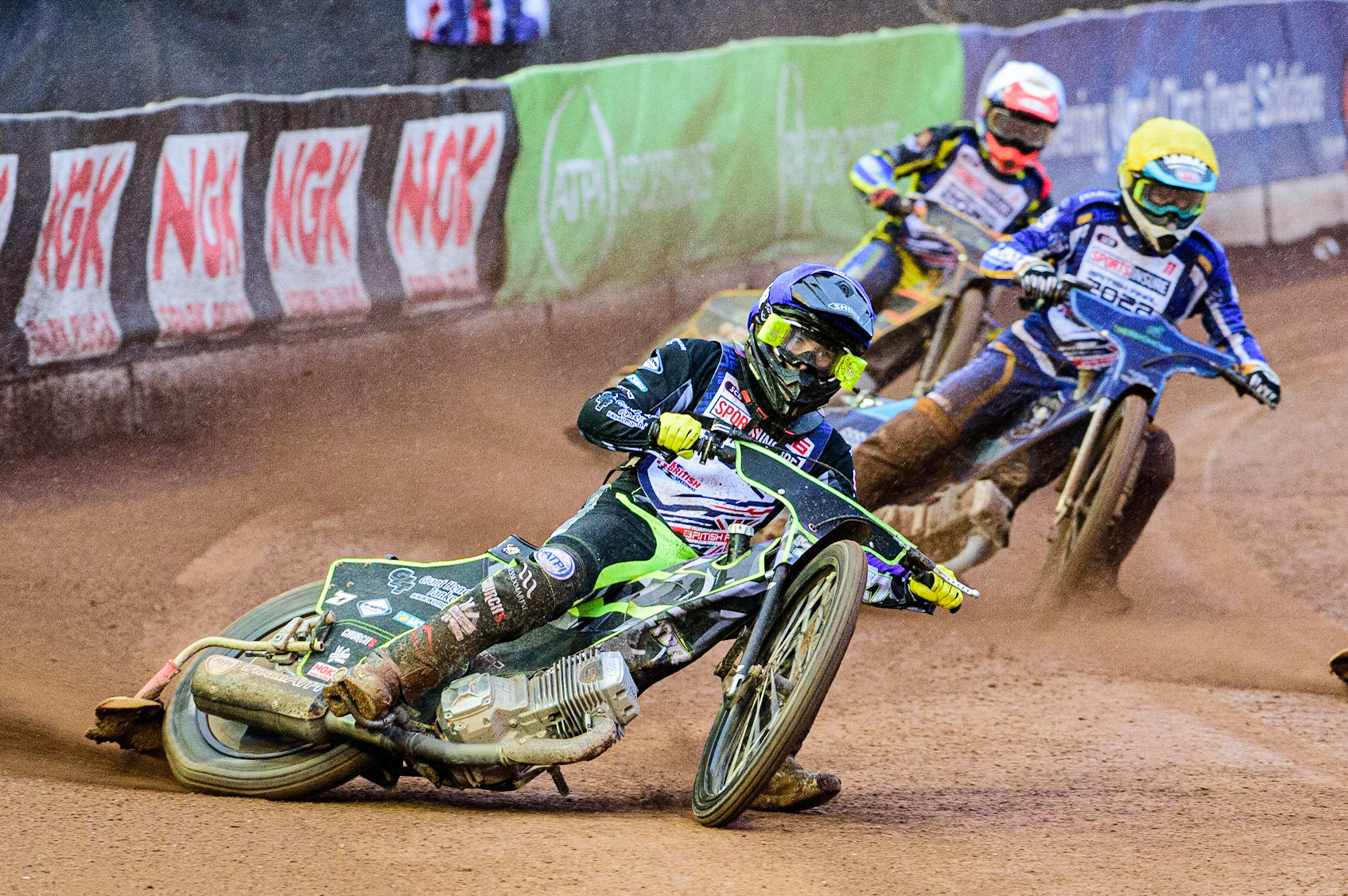 Tom Brennan (Blue) leads Richard Lawson  (Yellow) and Connor Mountain (White) during the Sports Insure British Speedway Championship Final at the National Speedway Stadium, Bellevue, Manchester, England on Monday 1st August 2022. (Photo by: Ian Charles | MI News)