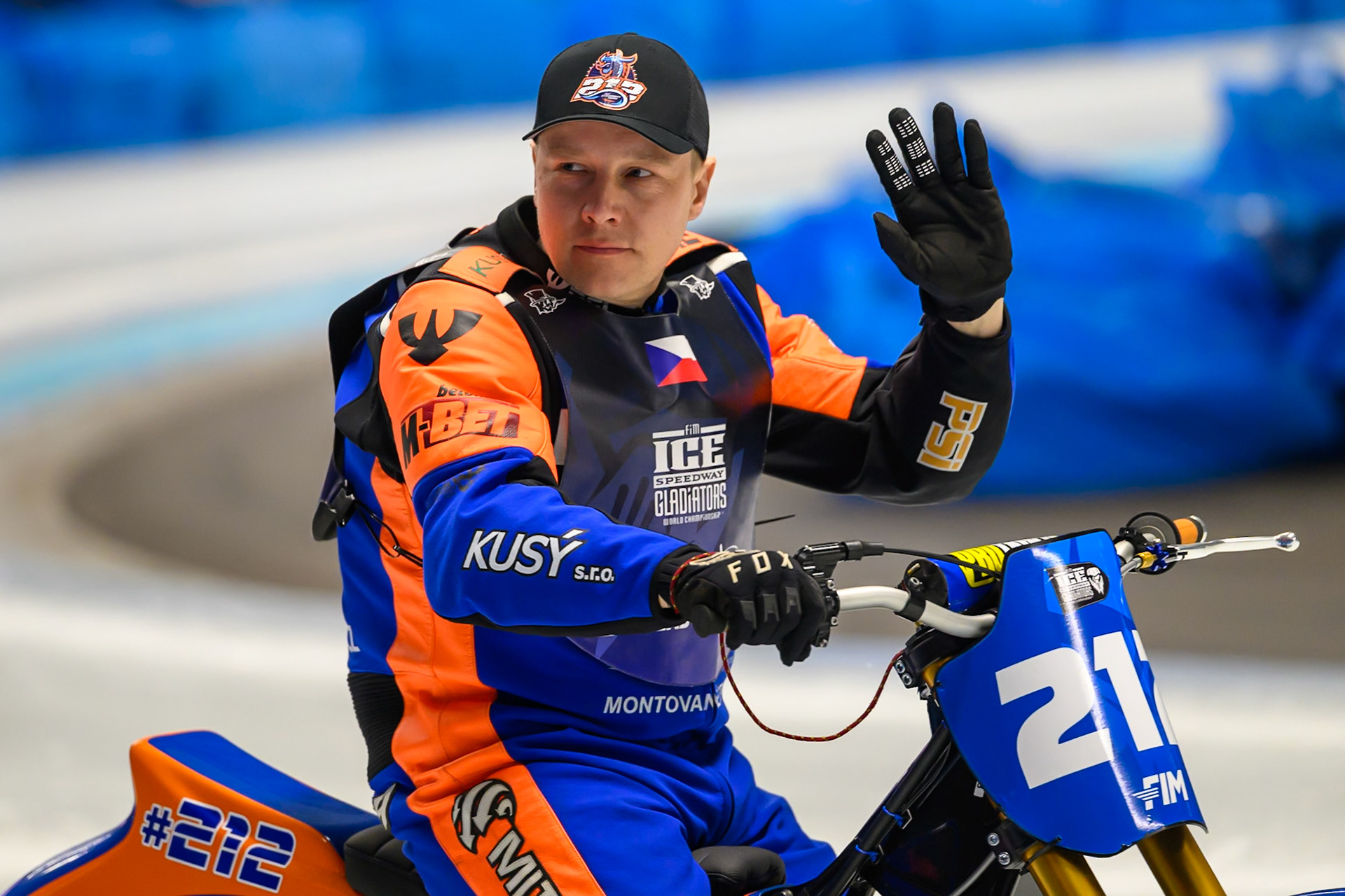 Lukas Hutla (212) of Czechia  on the parade lap during the Ice Speedway Gladiators World Championship Final 1 at Max-Aicher-Arena, Inzell on Saturday 14th March 2026. (Photo: Ian Charles | MI News)