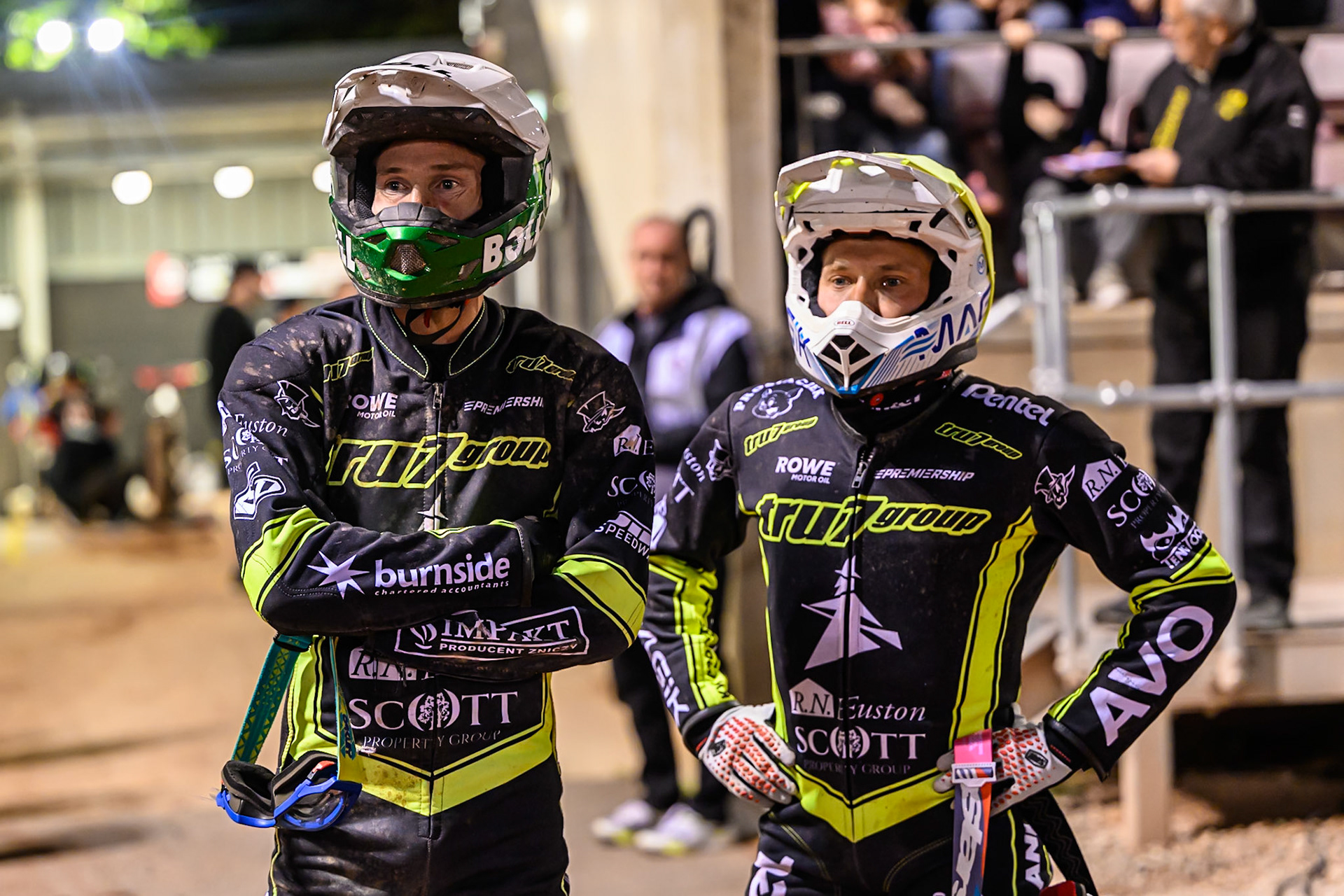 Jason Doyle of Ipswich Witches  (Left) and Emil Saifutdinov of Ipswich Witches  watch the track prep during the Rowe Motor Oil Premiership Play Off Semi Final 1 (1st Leg)  between Belle Vue Aces and Ipswich Witches at the National Speedway Stadium, Manchester on Monday 8th September 2025. (Photo: Ian Charles | MI News)