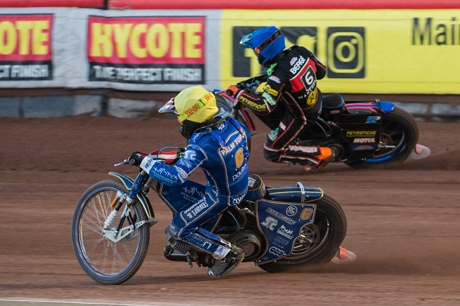 Photo: Ian Charles

Michael Palm Toft  (Yellow) inside ​Dimitri Berge  (Blue)

Belle Vue Aces v Kings Lynn Stars, British Speedway Premiership, Belle Vue National Speedway Stadium, Manchester, Thursday 16  May  2019