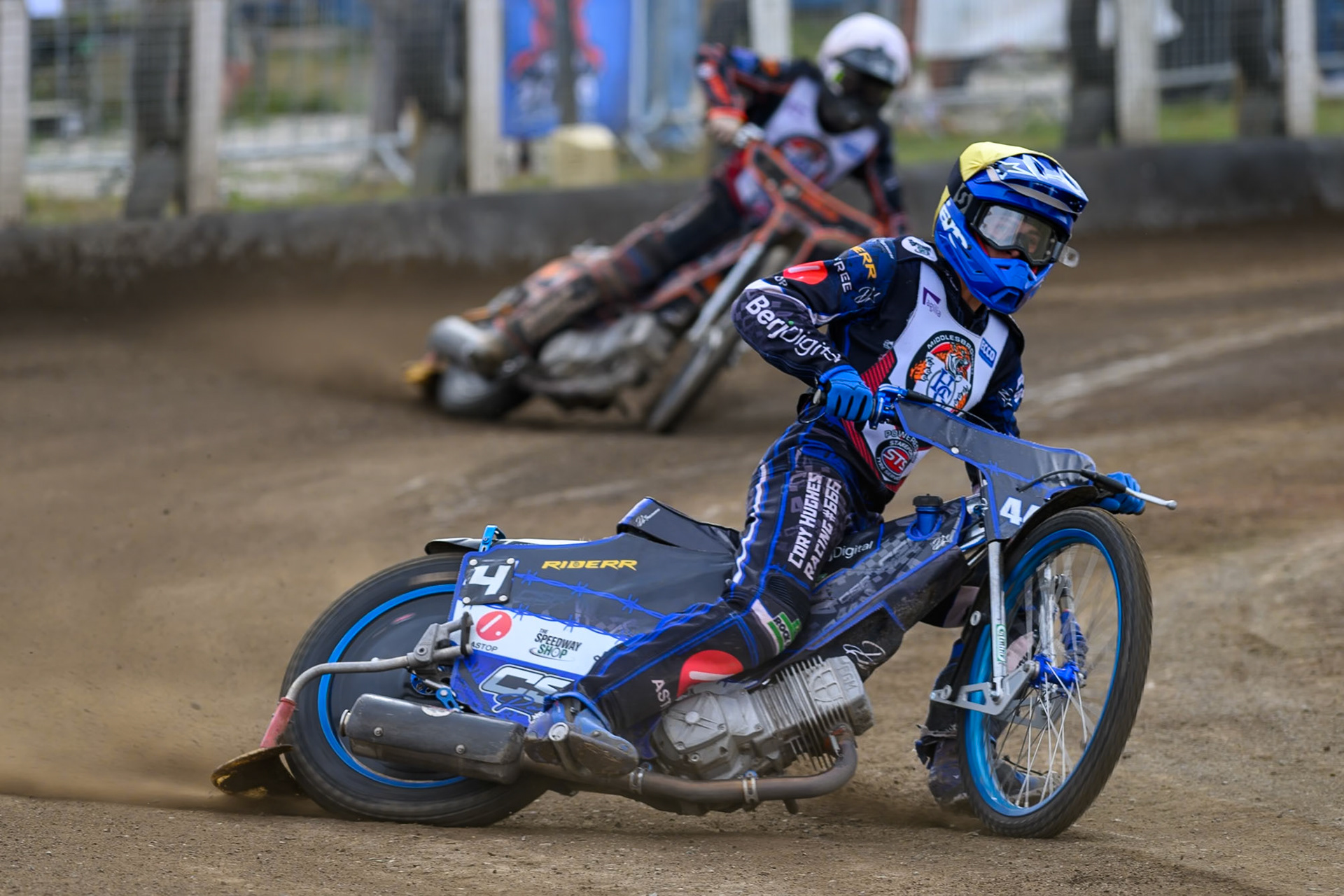 Charlie Southwick of Middlesborough Tigers in Yellow leading Harry Sadler of Middlesborough Tigers in White during the WSRA National Development League match  between Buxton Bulls and Middlesborough Tigers at Hi-Edge Speedway, Buxton on Sunday 16th August 2026. (Photo: Ian Charles | MI News)