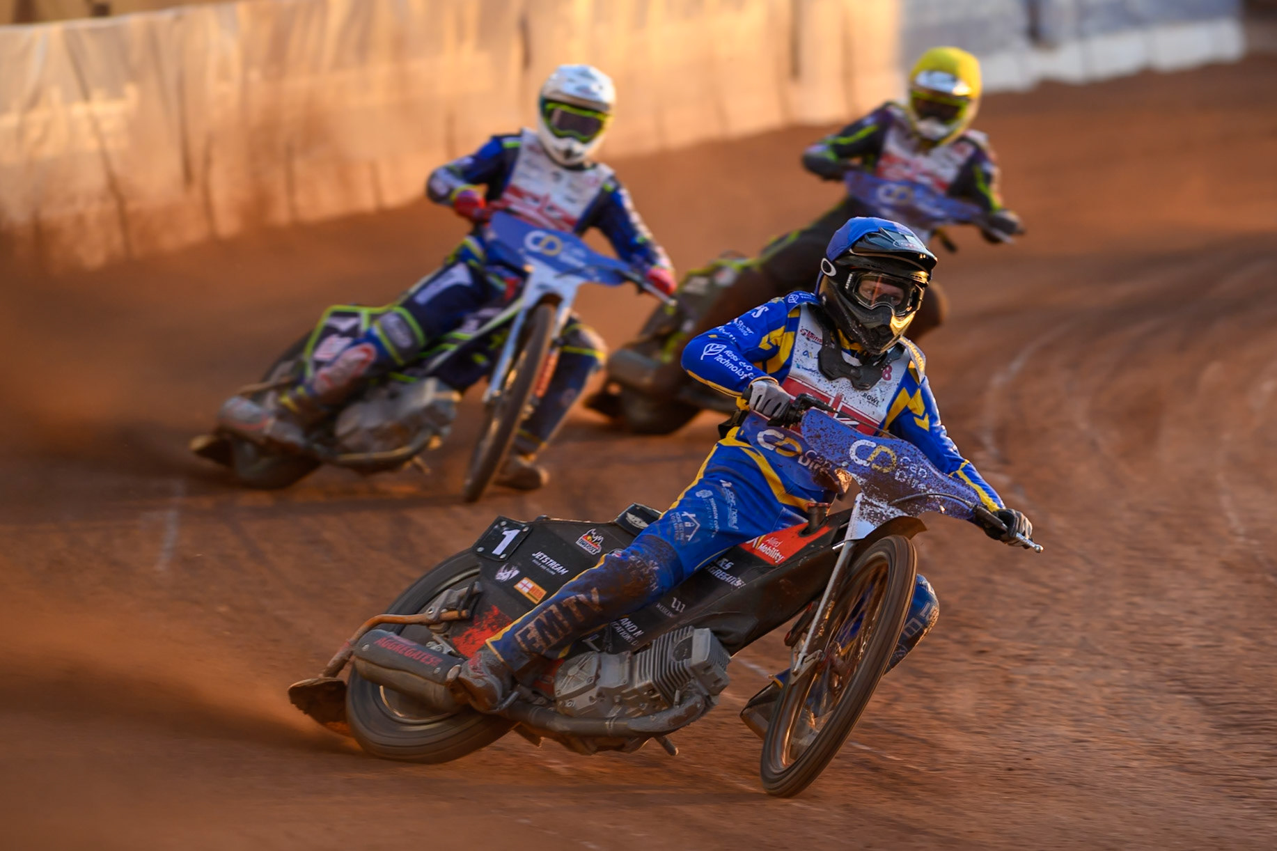 Dan Thompson (8) in Blue leading Jake Mulford (12) in White  and Tom Brennan (16) in Yellow during the Cab Direct British Speedway Championship Final at the National Speedway Stadium, Manchester on Saturday 15th August 2026. (Photo: Ian Charles | MI News)