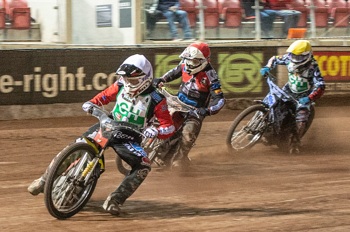 Photo: Ian Charles

Dan Halsey  (White) leads Danny Phillips  (Red) and Harry McGurk  (Yellow)

Belle Vue Colts v Cradley Heathens, SGB National League, Belle Vue National Speedway Stadium, Manchester, Thursday 29  August  2019