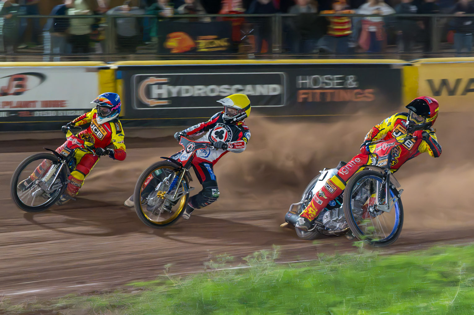 (L to R) Nick Morris of Leicester Lions in Blue , Jason Doyle of Belle Vue Aces  in Yellow  and Ryan Douglas of Leicester Lions in Red during the Rowe Motor Oil Premiership match between Leicester Lions and Belle Vue Aces at the Hydroscan Arena, Leicester on Monday 7th September 2026. (Photo: Ian Charles | MI News)