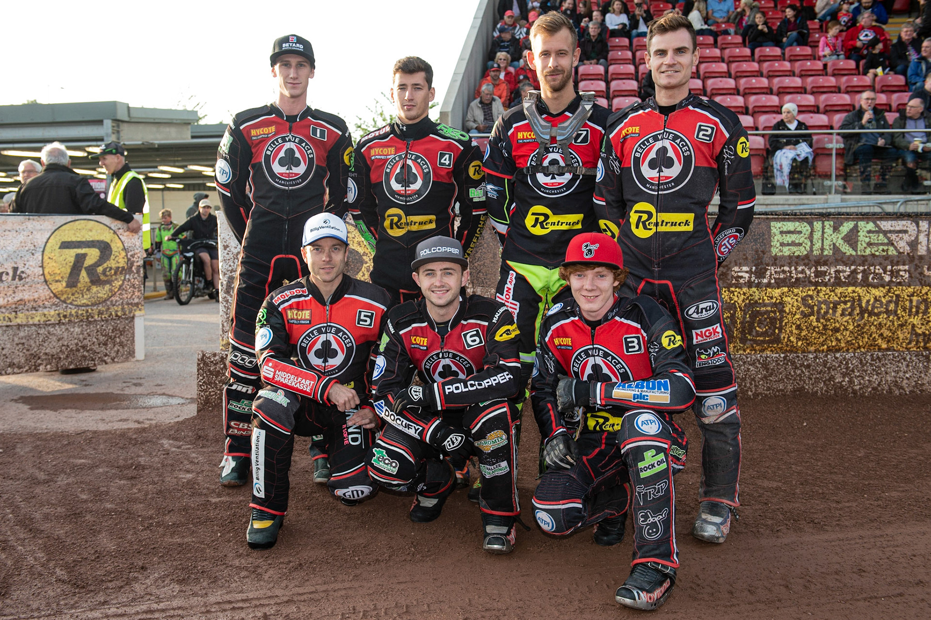 Photo by Ian Charles

Belle Vue Aces _ (rear l-r) Max Fricke  Dimitri Bergé  Nikolaj Busk Jakobsen  Steve Worrall 
Kneeling: Kenneth Bjerre  Jaimon Lidsey  Dan Bewley 


Belle Vue Aces v Swindon Robins, British Speedway Premiership, Belle Vue National Speedway Stadium, Manchester, Monday 12  August  2019
