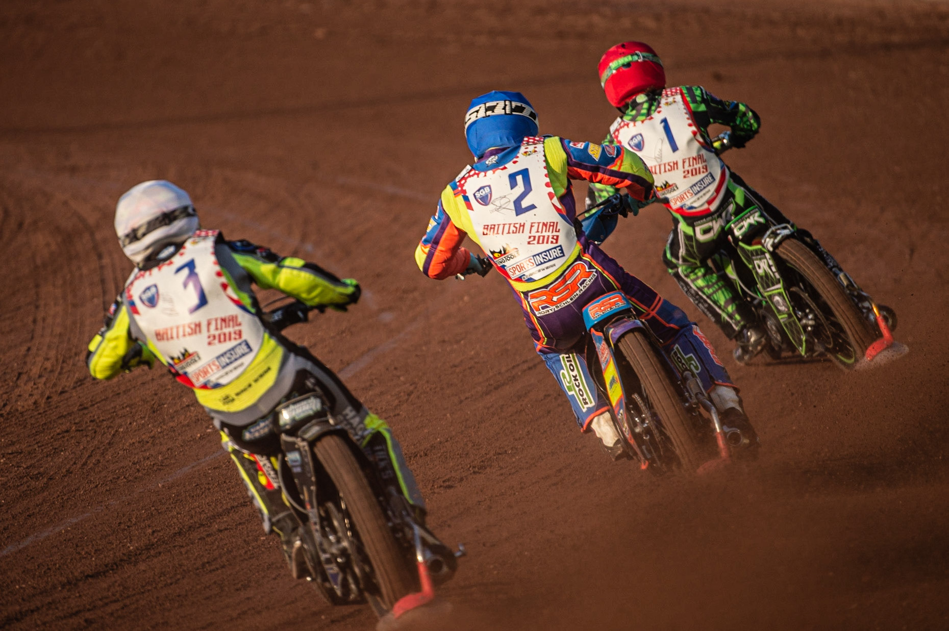 Photo: Ian Charles

Charles Wright (Red) leads Rory Schlein (Blue)  and Edward Kennett (White)

Sports Insure British Final,  Belle Vue National Speedway Stadium, Manchester Monday 29  July  2019