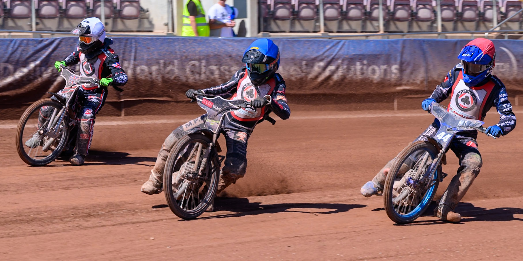 COLTS ACADEMY INDIVIDUAL EVENT SEMI FINAL: Seth Norman in Blue leading Charlie Southwick in Red  and Jack Shimelt in White during the JR Ashworth &amp; Sons Colts Academy Event at the National Speedway Stadium, Manchester on Sunday 19th July 2026. (Photo: Ian Charles | MI News)