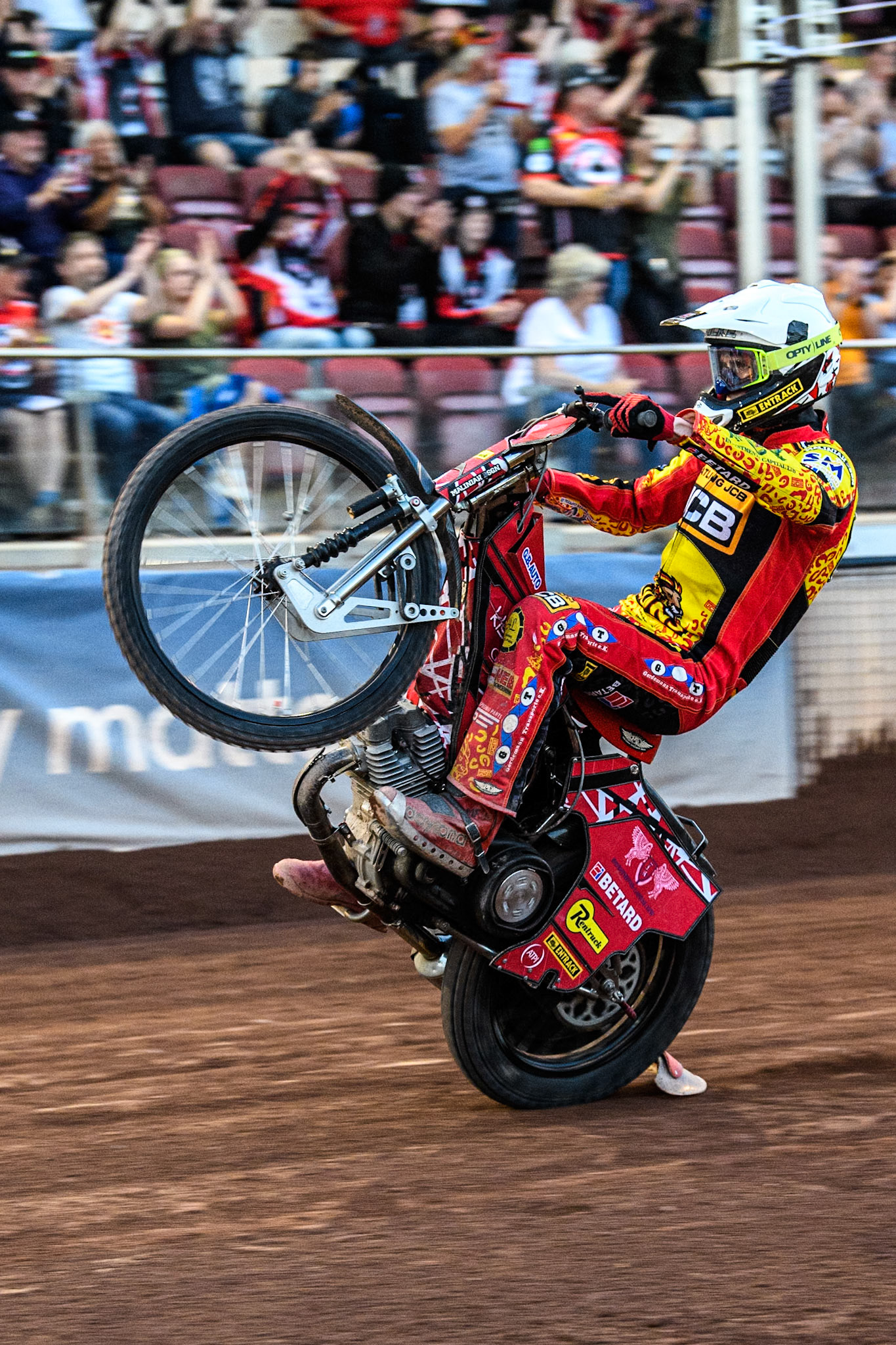 Leicester Lions' Max Fricke celebrates with a wheelie during the Rowe Motor Oil Premiership match between Belle Vue Aces and Leicester Lions at the National Speedway Stadium, Manchester on Monday 24th June 2024. (Photo: Ian Charles | MI News)