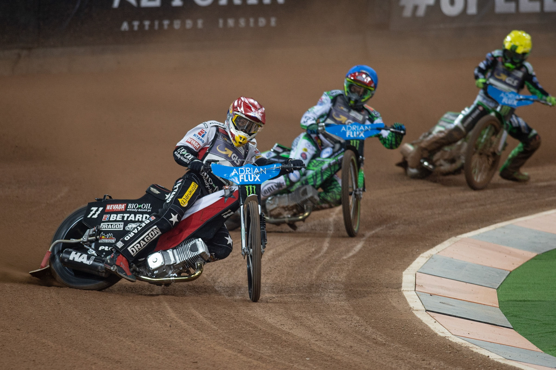 CARDIFF,WALES Maciej Janowski (Red) leads Charles Wright (Blue) and Patryk Dudek (Yellow) during the ADRIAN FLUX BRITISH FIM SPEEDWAY GRAND PRIX at the Principality Stadium, Cardiff on Saturday 21st September 2019. (Credit: Ian Charles | MI News)
