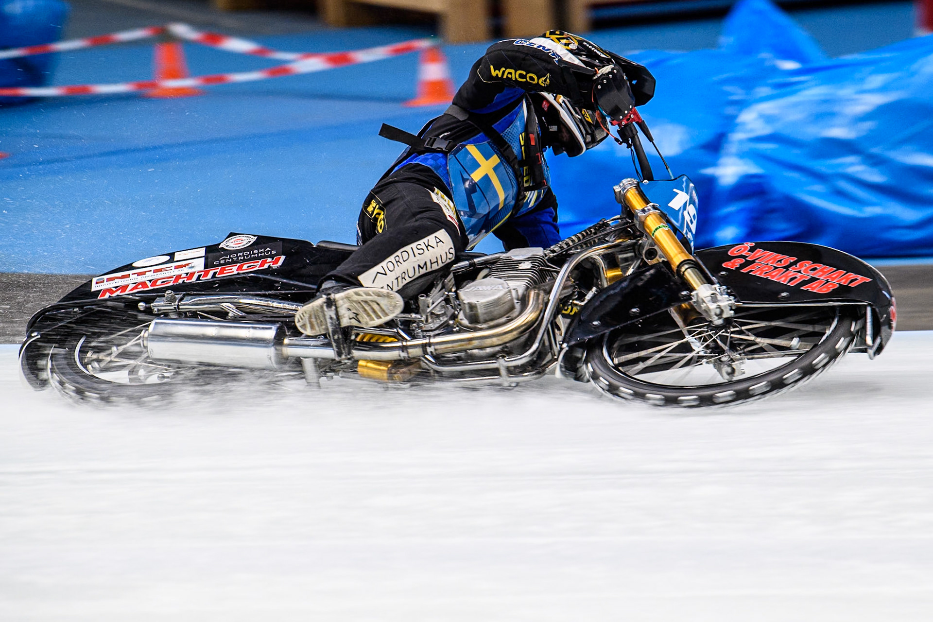 Martin Haarahiltunen (199) of Sweden in action  during practice for  the Ice Speedway Gladiators World Championship Finals 1 &amp; 2 at Max-Aicher-Arena, Inzell on Friday 14th March 2025. (Photo: Ian Charles | MI News)