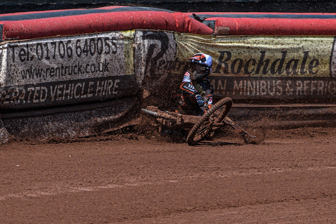 Zach Cook slides off during the Sports Insure Premiership match between Belle Vue Aces and Wolverhampton Wolves at the National Speedway Stadium, Manchester on Monday 29th May 2023. (Photo: Ian Charles | MI News)